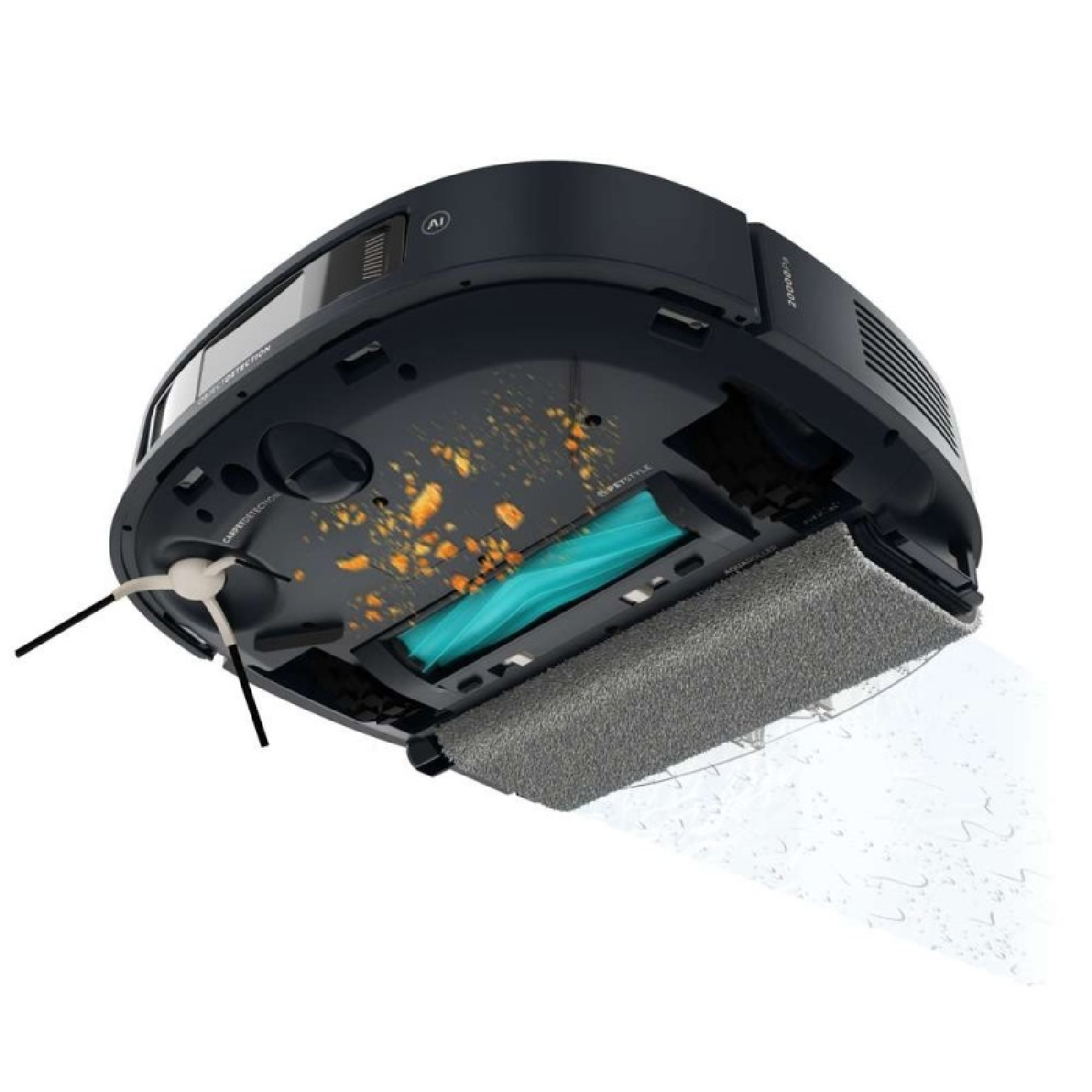 Se muestra una aspiradora robot negra. Su parte inferior muestra un cepillo giratorio, una almohadilla de limpieza y residuos. La aspiradora está en ángulo.