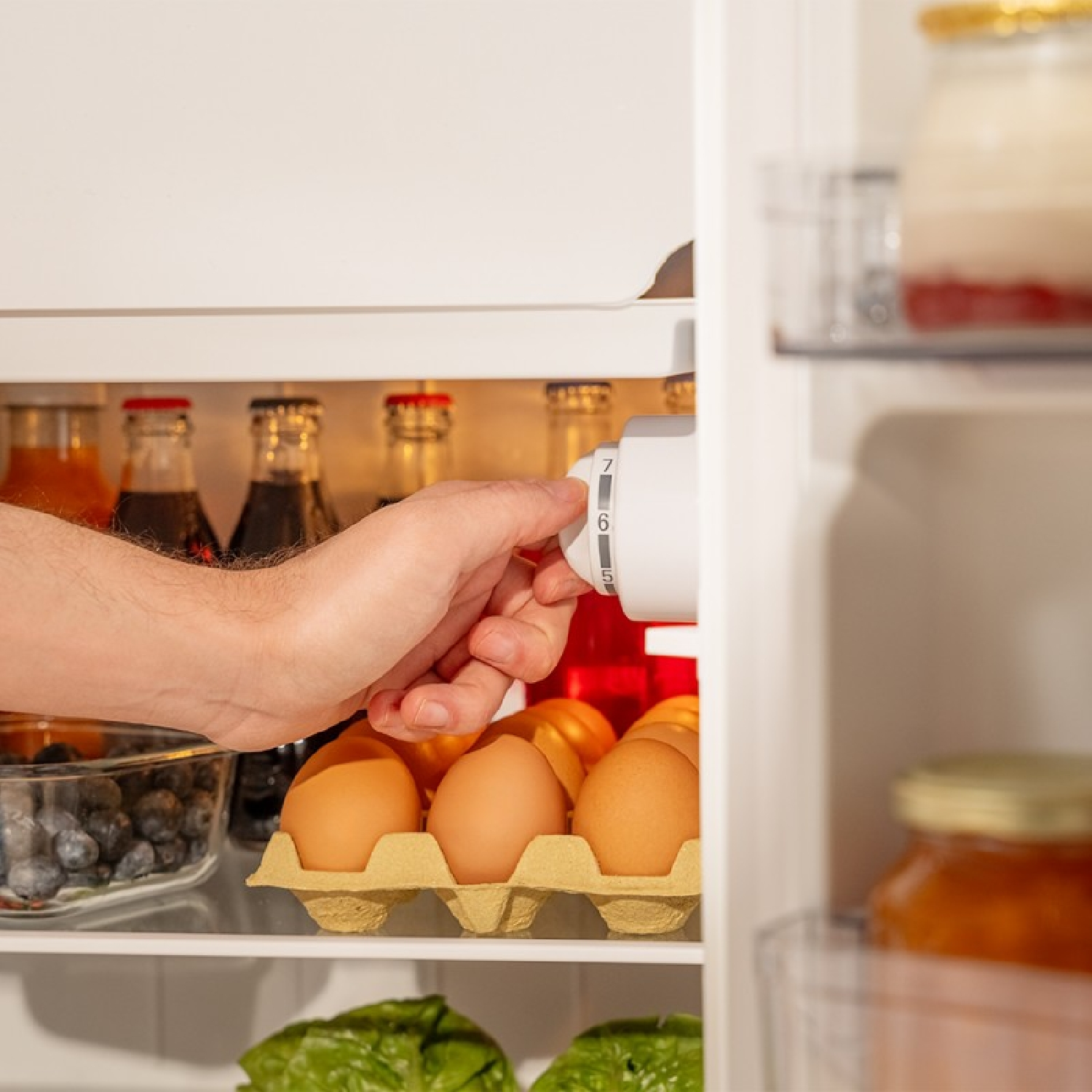 Ręka reguluje pokrętło temperatury lodówki. Jajka, napoje i produkty spożywcze są widoczne w lodówce.