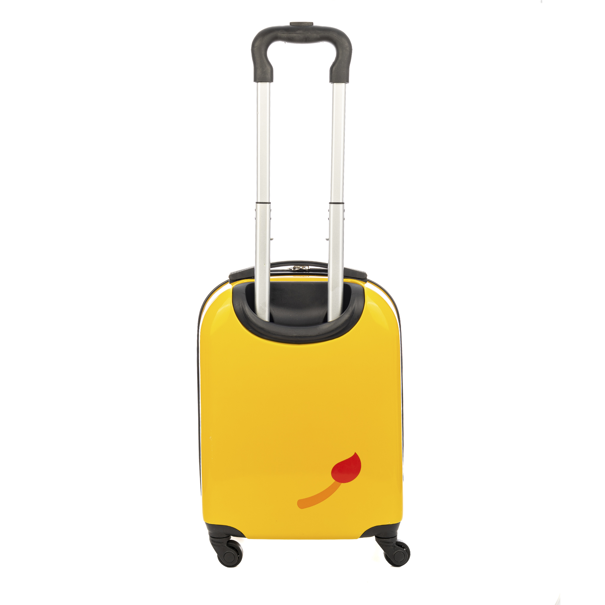 Ein gelber Koffer mit rotem Design und ausziehbarem Griff, vor weißem Hintergrund.