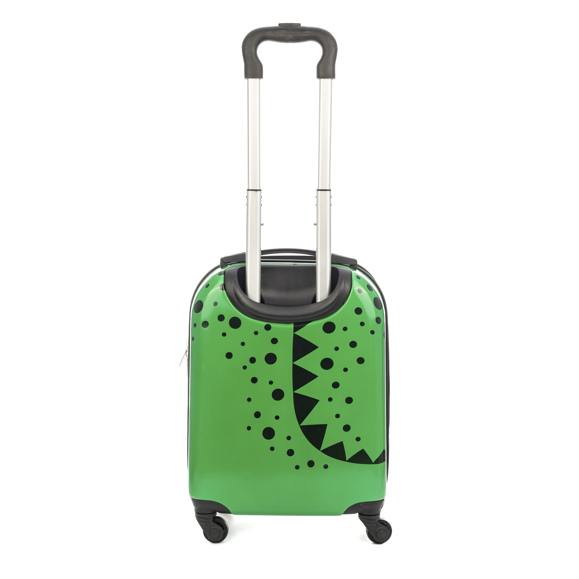 Maleta verde con lunares negros y diseño de dinosaurio. Tiene asa retráctil y ruedas.