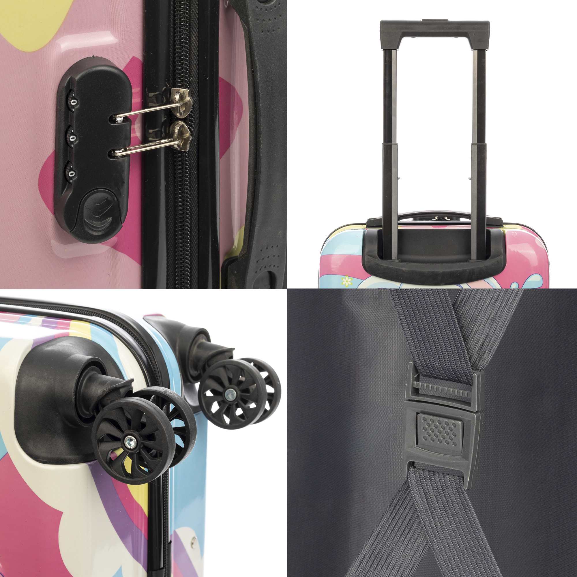 Nahaufnahme eines pinken Koffers mit schwarzen Details: Schloss, Reißverschluss, Griff, Räder und Gurte. Bunte Muster.