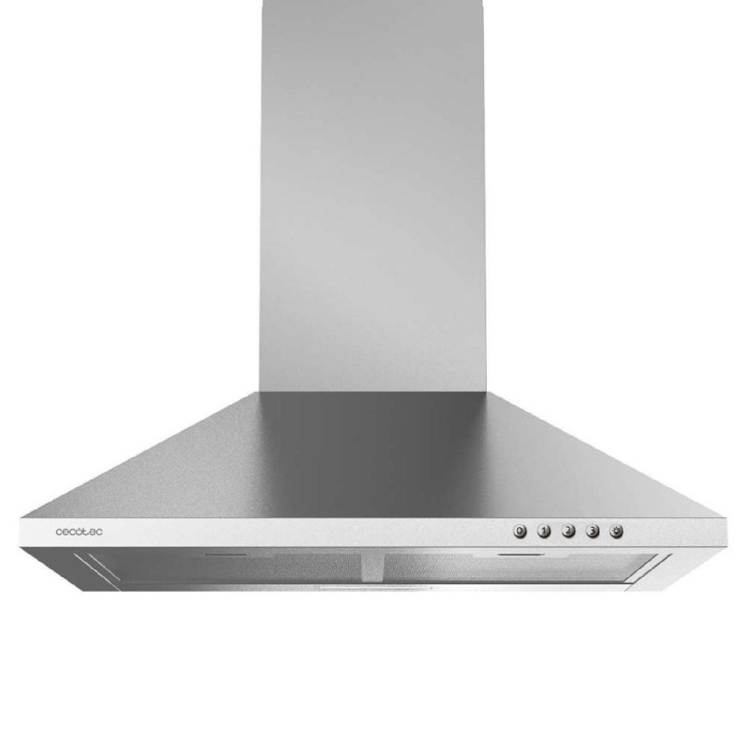 Se muestra una campana extractora de cocina de acero inoxidable. Tiene un frente inclinado con botones de control y un panel de vidrio rectangular.