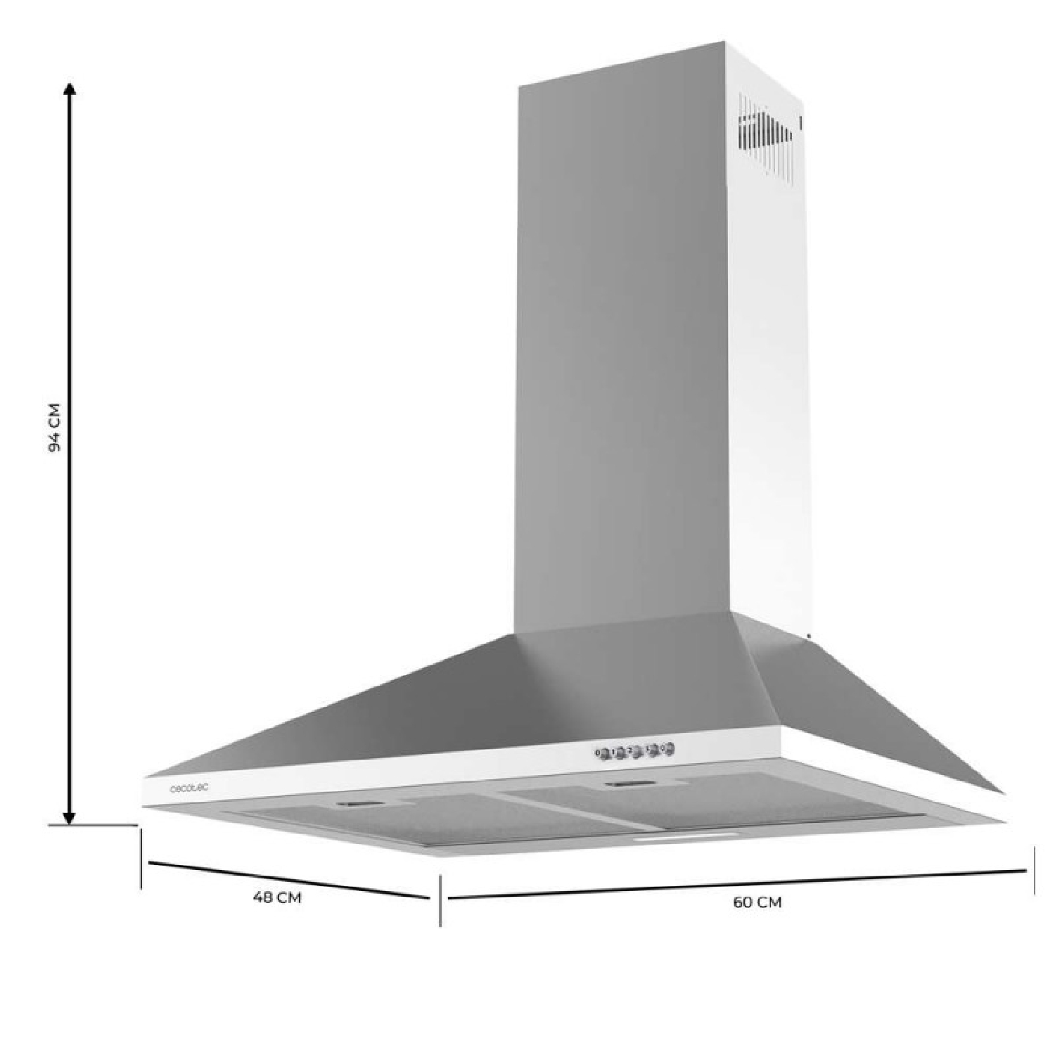 Una cappa bianca e argento con dimensioni indicate. È alta 94 cm e larga 60 cm.