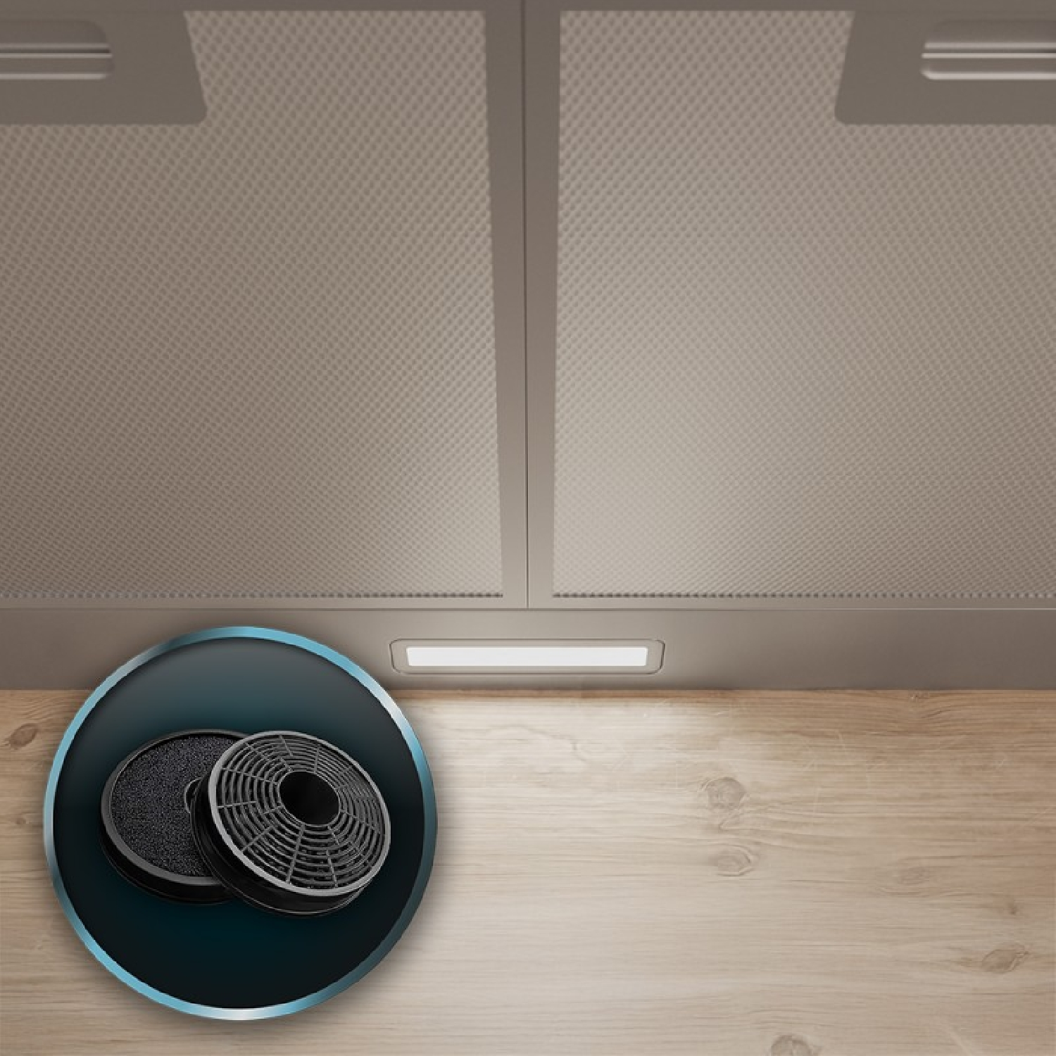 Campana extractora con dos filtros de carbón vegetal en círculo. Mueble de madera abajo. Luz arriba y dos paneles encima.