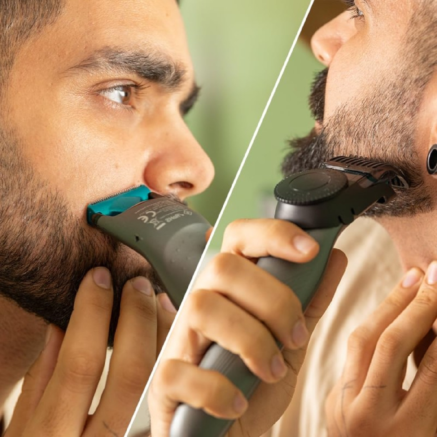 Due uomini usano un regolabarba. Uno si taglia i baffi, l'altro la barba. Primi piani, mani visibili.
