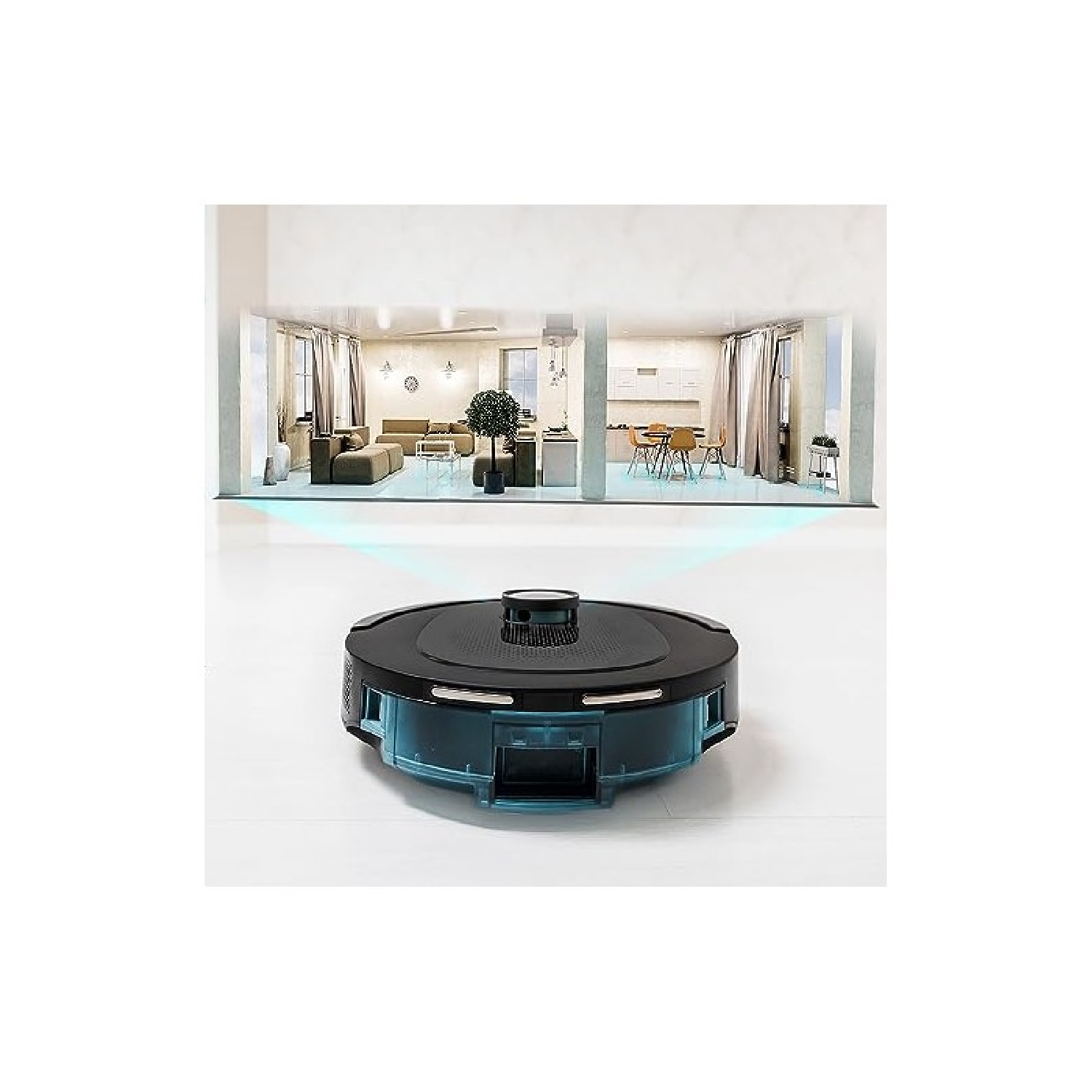 Una aspiradora robot negra y azul sobre un piso blanco. El fondo muestra un espacio habitable moderno con muebles.