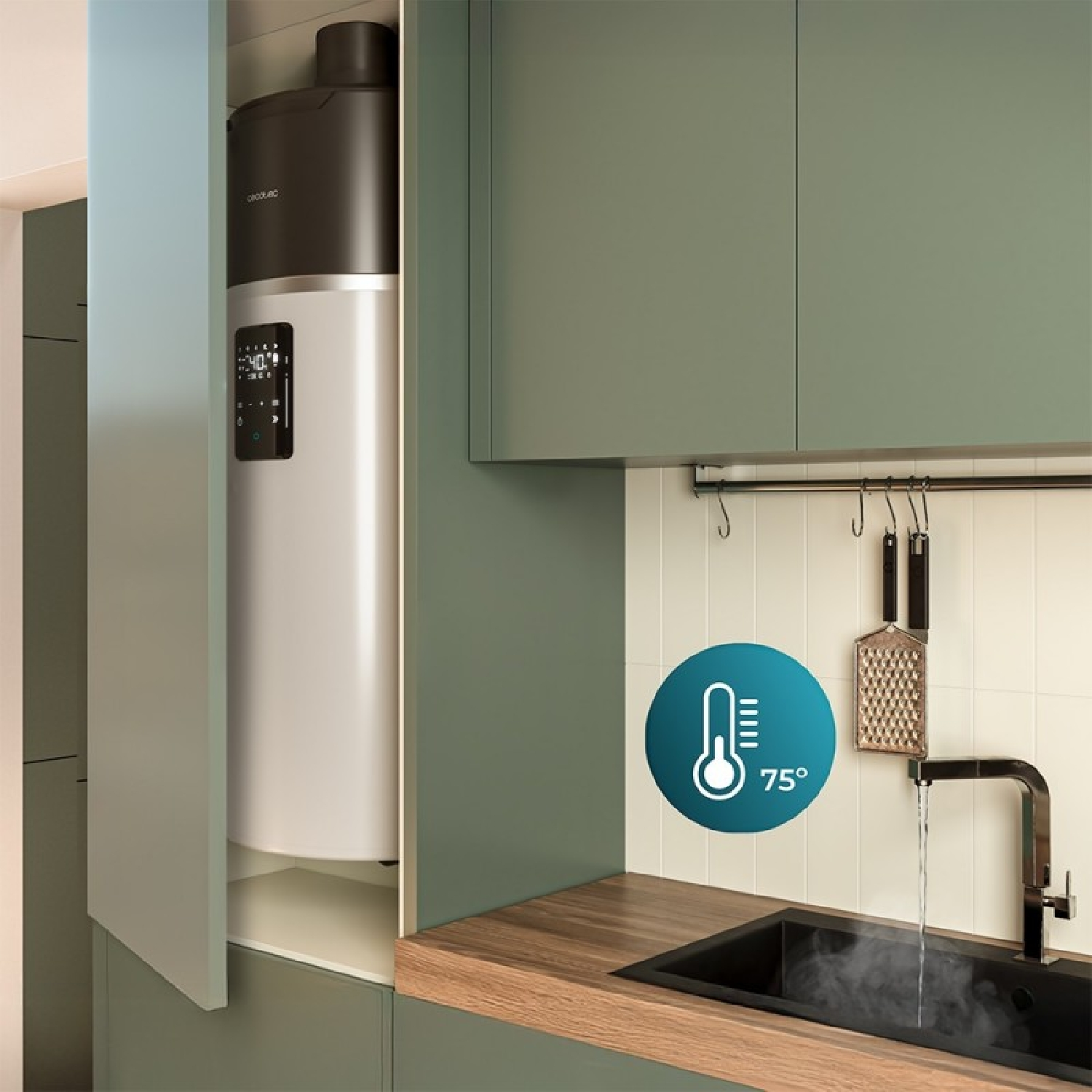 Un calentador de agua moderno está instalado en un armario de cocina, con un indicador de temperatura que muestra 75 grados. Un fregadero y grifo negros son visibles.