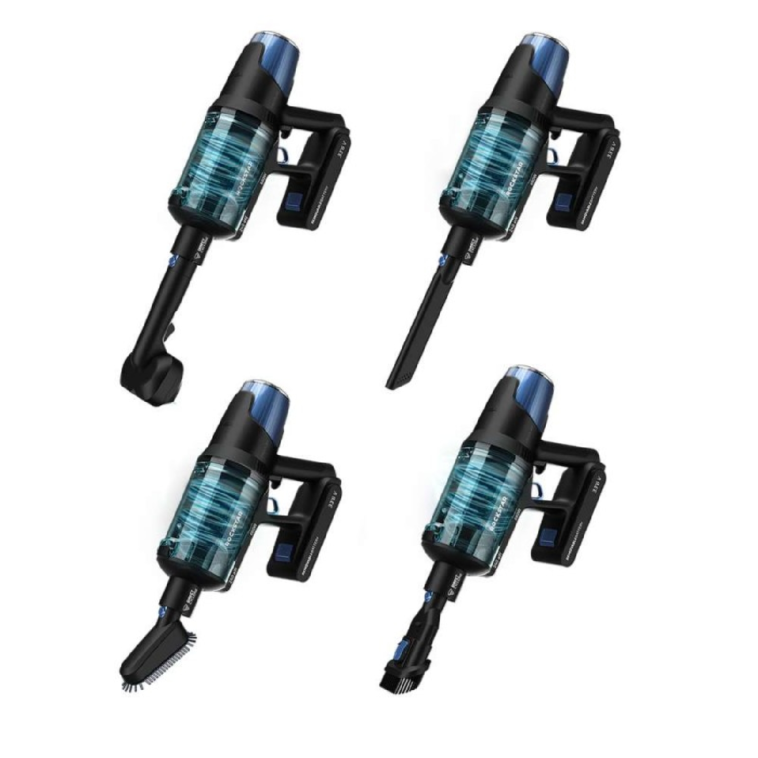 Se muestran cuatro aspiradoras inalámbricas. Cada una tiene un cuerpo negro, detalles azules y diferentes accesorios. Están sobre un fondo blanco.