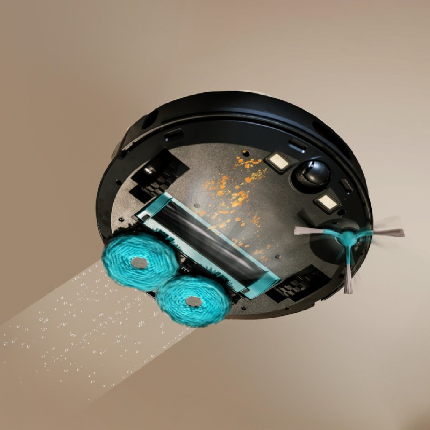 Ein schwarzer Roboter-Staubsauger. Er hat zwei türkisfarbene Reinigungspads, eine rotierende Bürste und hinterlässt eine Wasserspur.