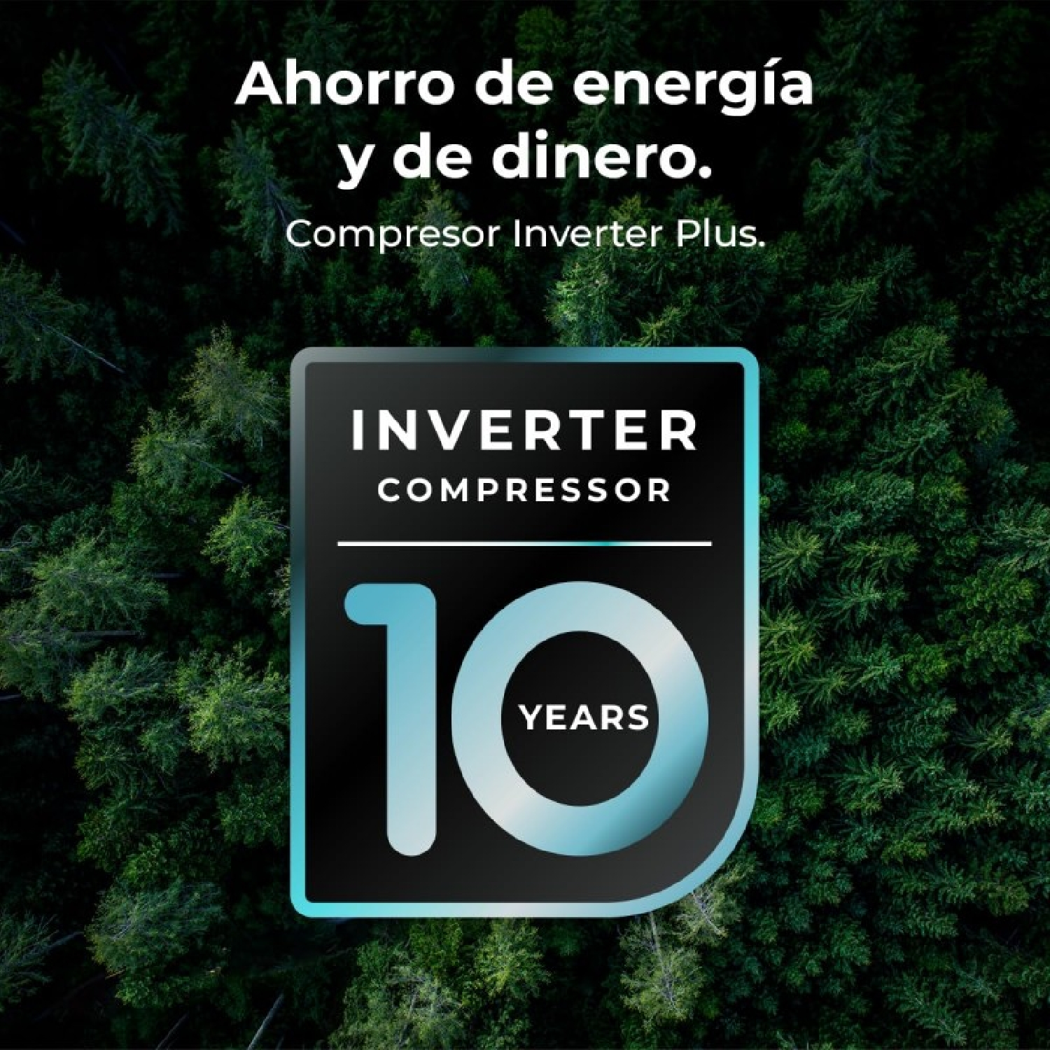 Obrazek pokazuje tekst o oszczędzaniu energii i pieniędzy za pomocą kompresora. Czarna odznaka wyświetla 'INVERTER COMPRESSOR' i '10 LAT'.