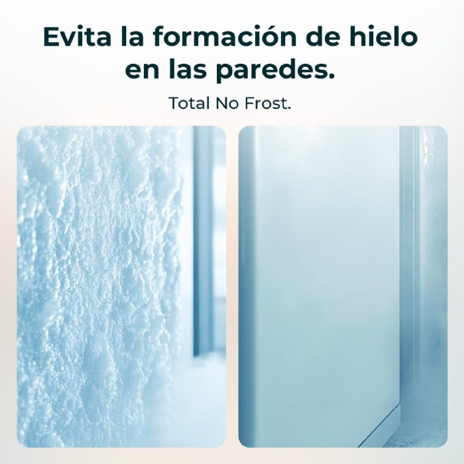 Obraz pokazuje dwa przekroje. Jeden z osadzonym szronem, drugi czysty. Tekst: Unikaj tworzenia się lodu na ścianach. Total No Frost.