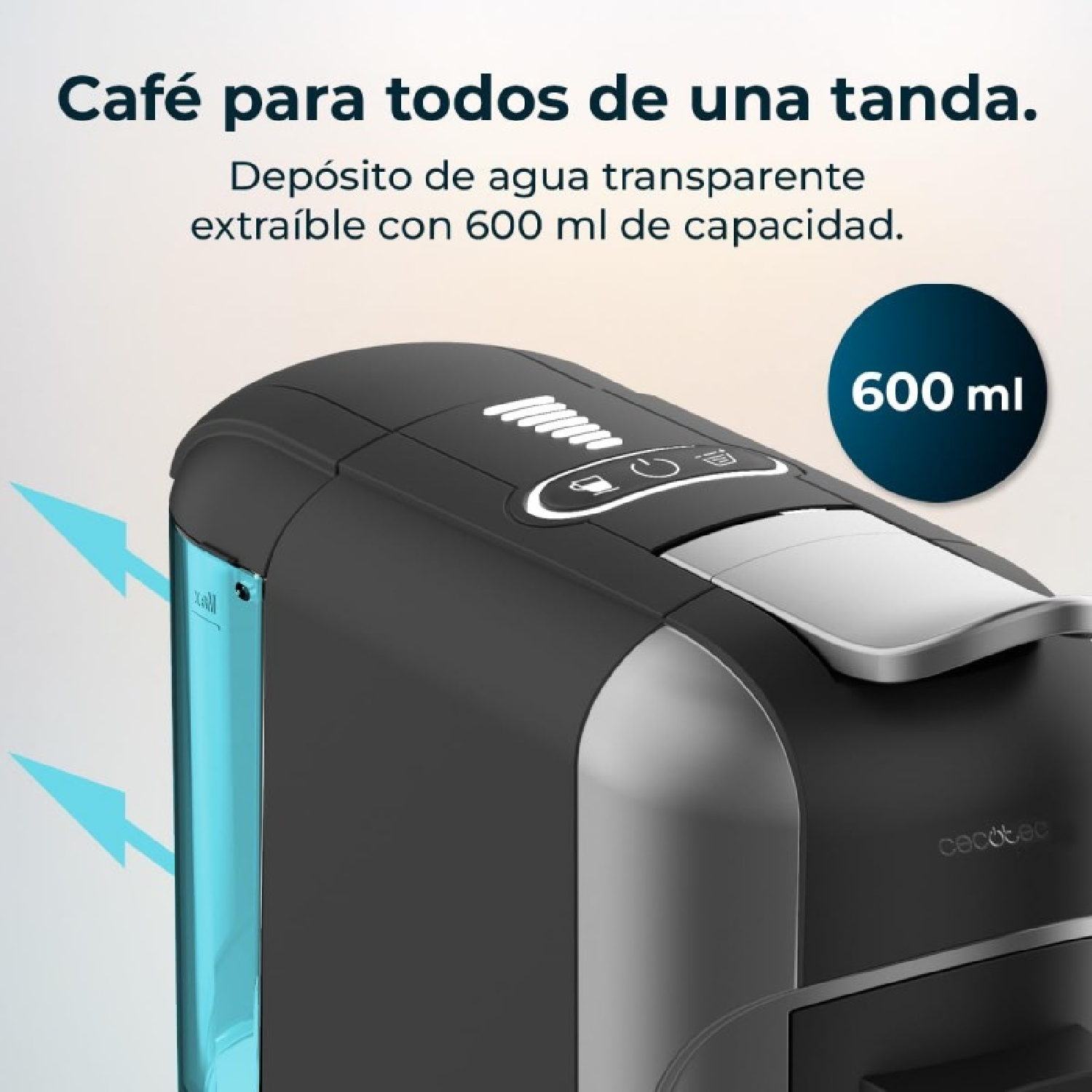 Zwarte koffiemachine met een transparante watertank, gemarkeerd met 600 ml. Bevat tekst: Cafe para todos de una tanda.