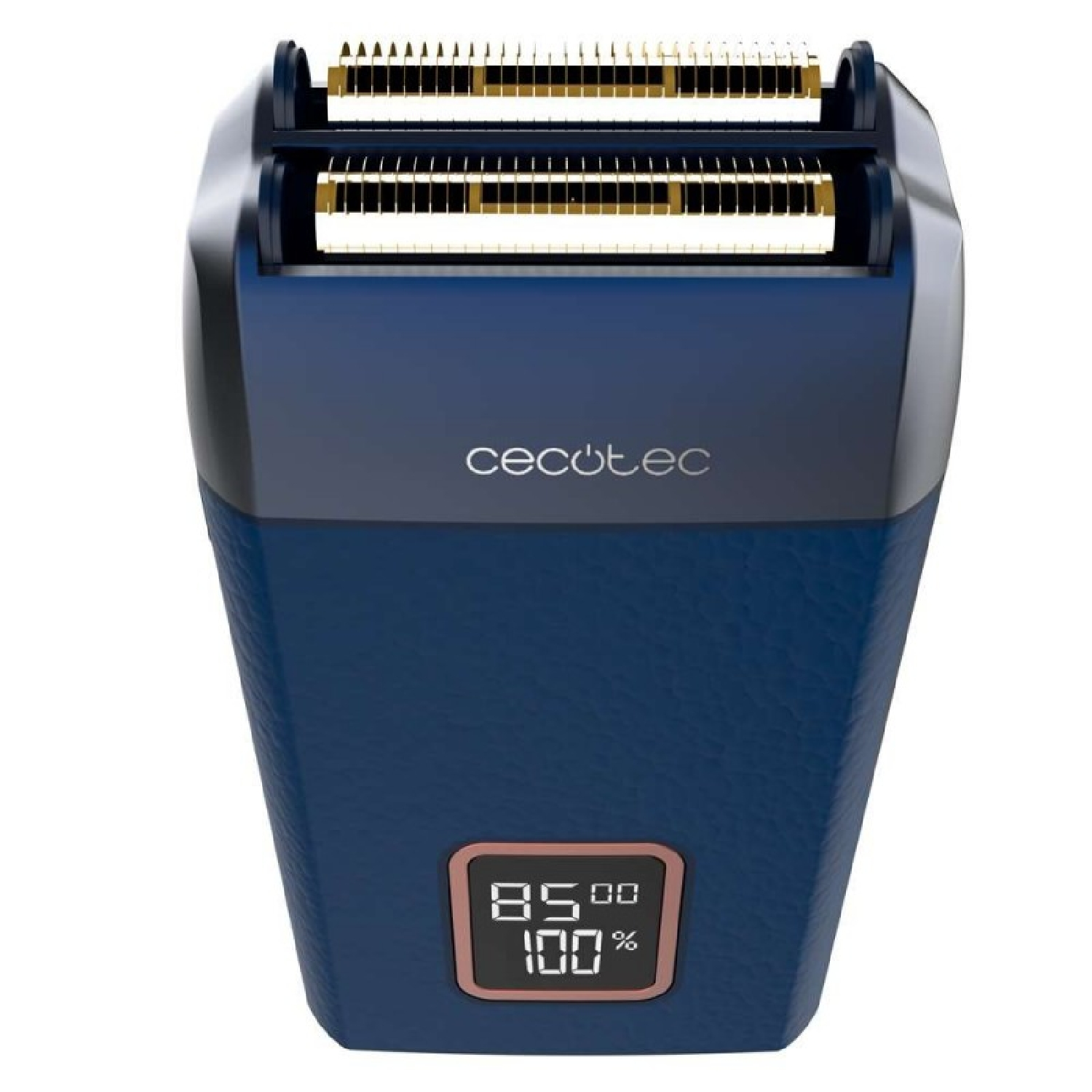 Una afeitadora eléctrica azul y negra con cuchillas doradas. Muestra 85% y 100% en una pantalla digital. La marca es Cecotec.
