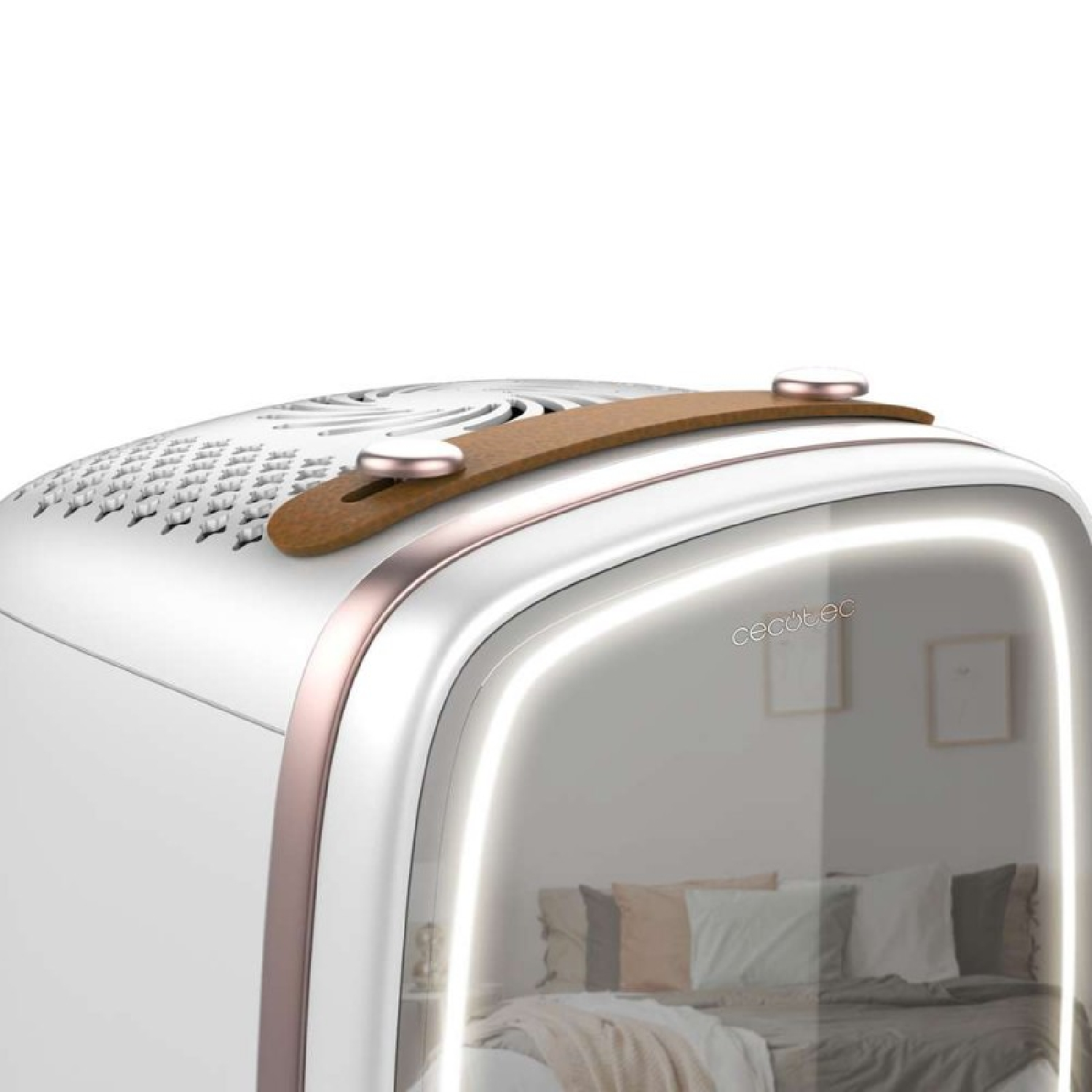 Purificatore d'aria bianco e oro rosa con manico in pelle. La parte anteriore mostra una camera da letto riflessa nella porta trasparente.