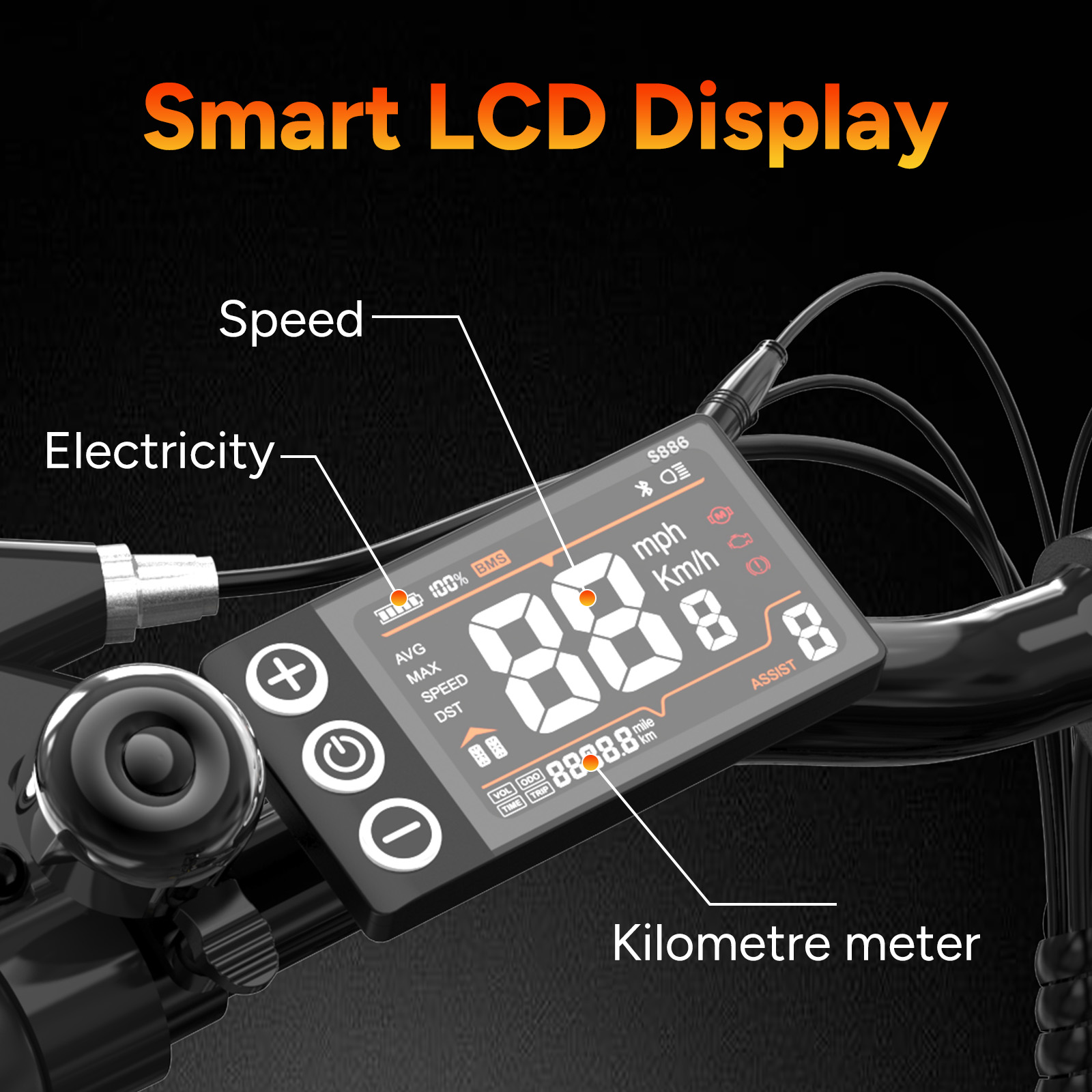 Nahaufnahme eines intelligenten LCD-Displays mit Geschwindigkeit, Batterie und Kilometerzähler auf schwarzem Hintergrund.