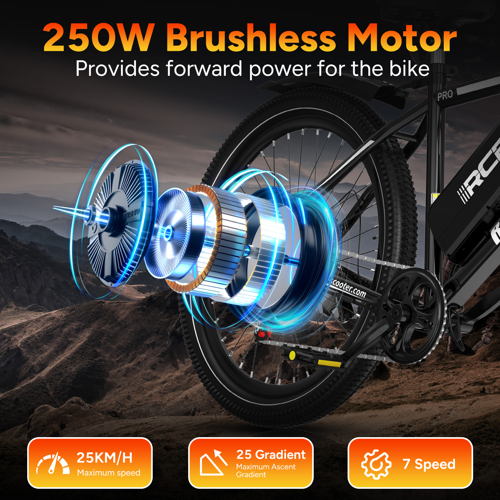 Ein E-Bike mit 250W Motor. Zeigt die inneren Funktionen des Motors, Geschwindigkeit, Steigung und Gangdetails.