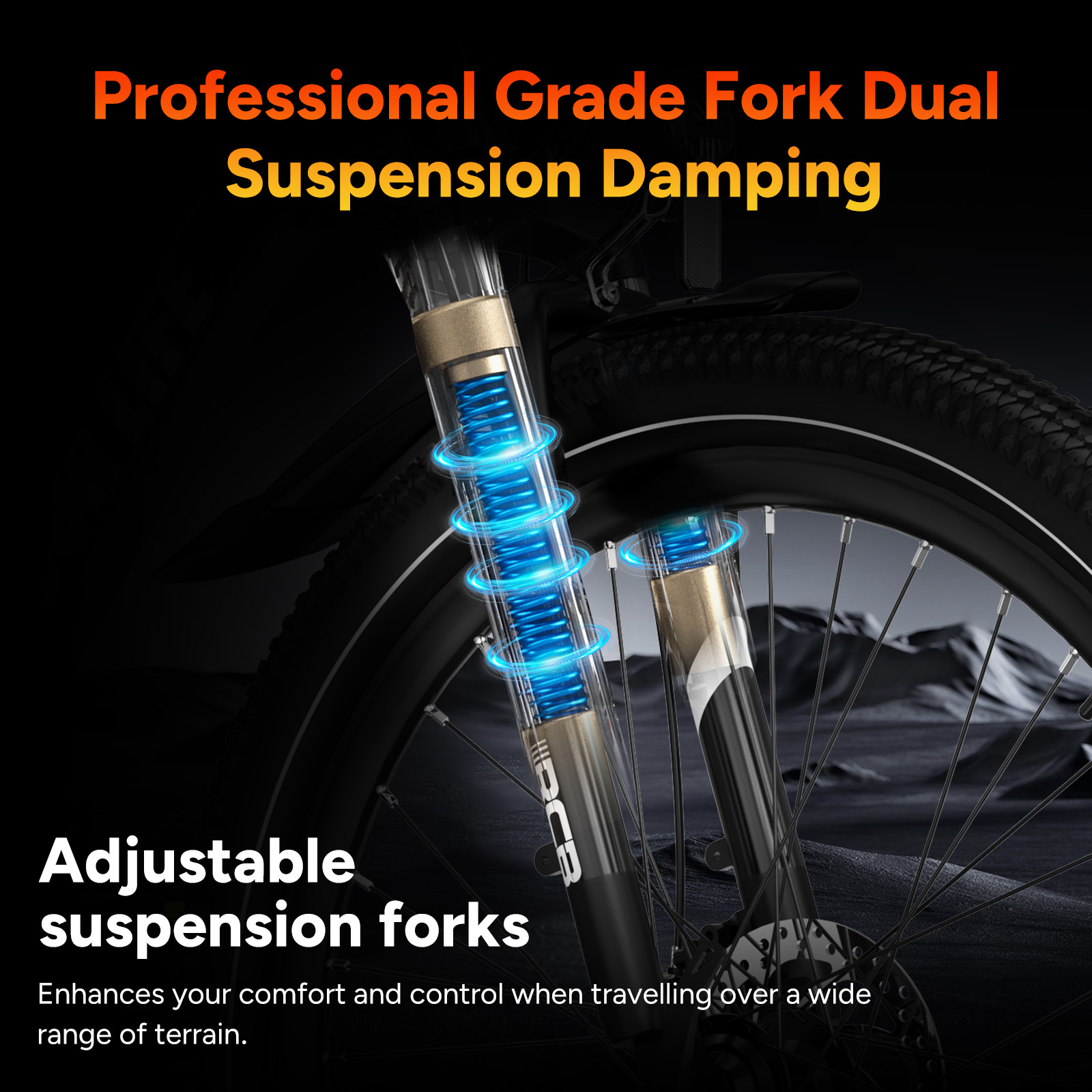 Fahrradgabel mit blauen Federn, schwarzem Reifen und Text: Professional Grade Fork, Adjustable suspension forks.