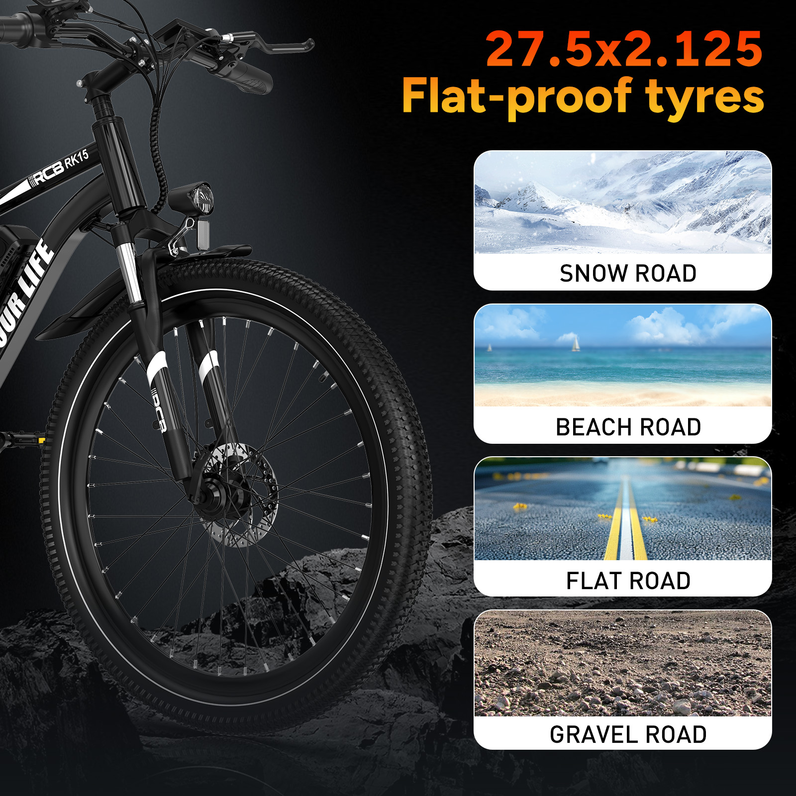 Schwarzes Elektrofahrrad mit pannensicheren Reifen. Zeigt vier Straßentypen: Schnee, Strand, flach und Schotter. Text lautet 'OUR LIFE'.