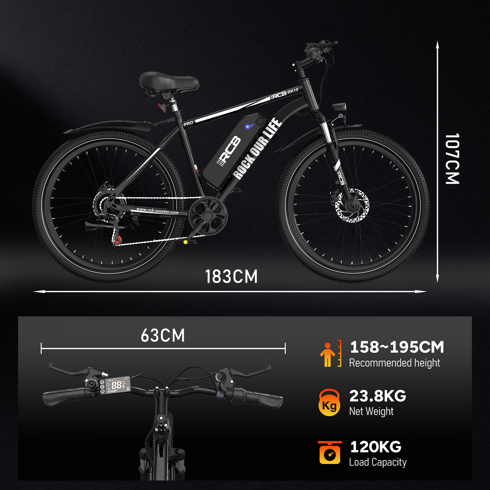 Ein schwarzes Elektrofahrrad mit Abmessungen und Spezifikationen. Enthält Angaben zu Höhe, Breite und Gewicht.