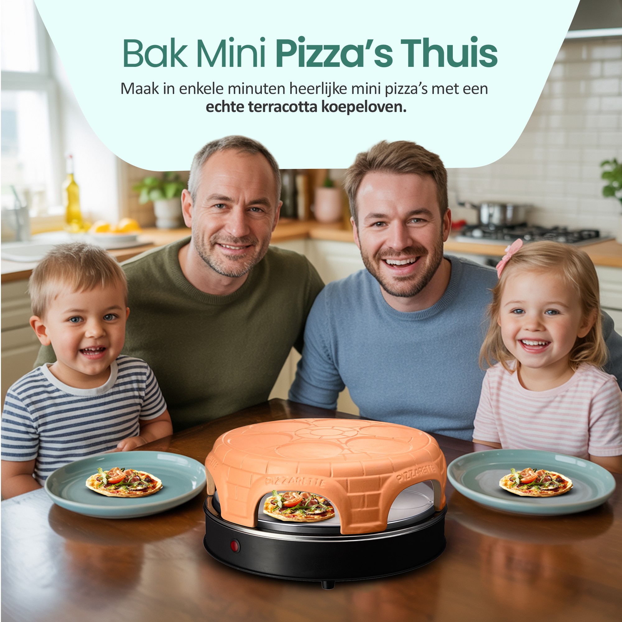 Family smiles around a terracotta pizza oven. Two adults and two children are in the background. Mini pizzas on plates in front.