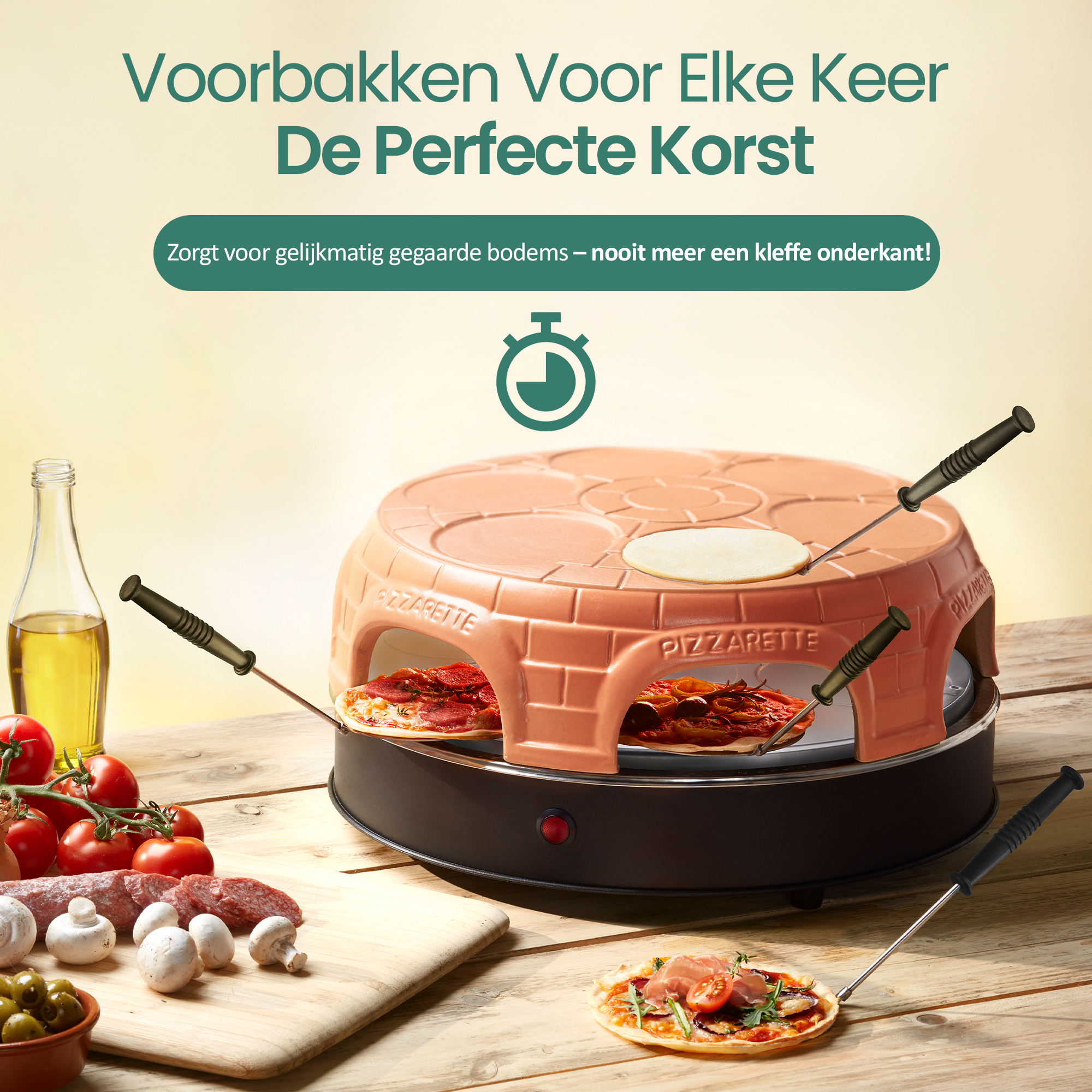 Pizza oven with pizzas, ingredients, and text in Dutch. The oven has a terracotta color. Ingredients are on a wooden table.