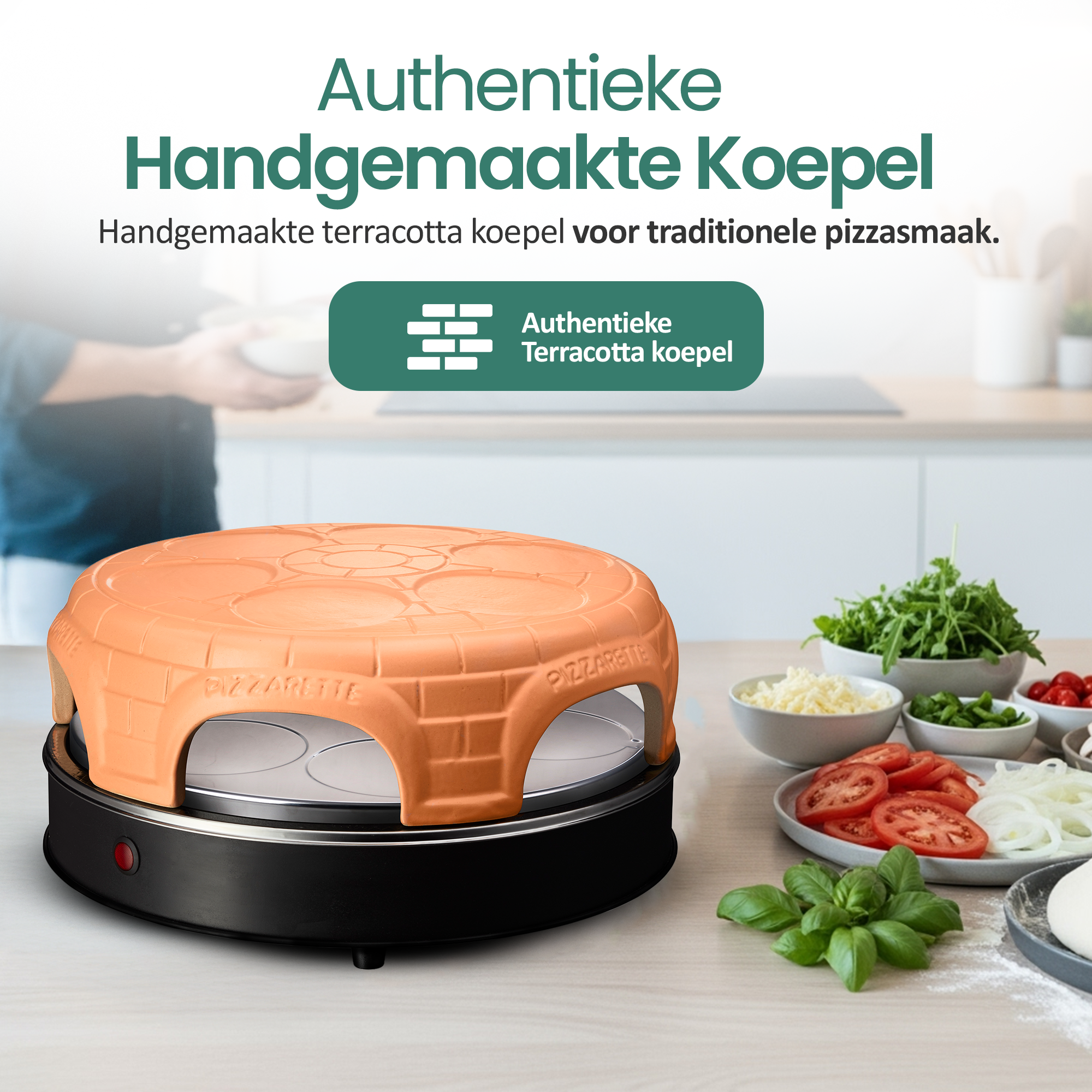 A pizza oven with ingredients on a table. The oven is orange and black. Ingredients include tomatoes, cheese, and basil.