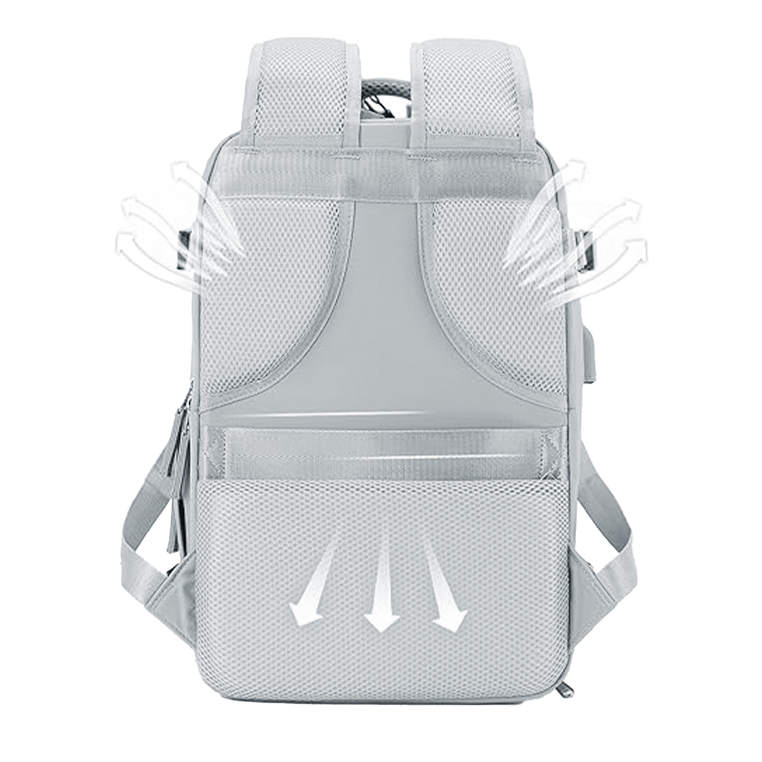 Uno zaino grigio con dettagli in rete e frecce di ventilazione. Ha spallacci, una tasca frontale e una porta USB.
