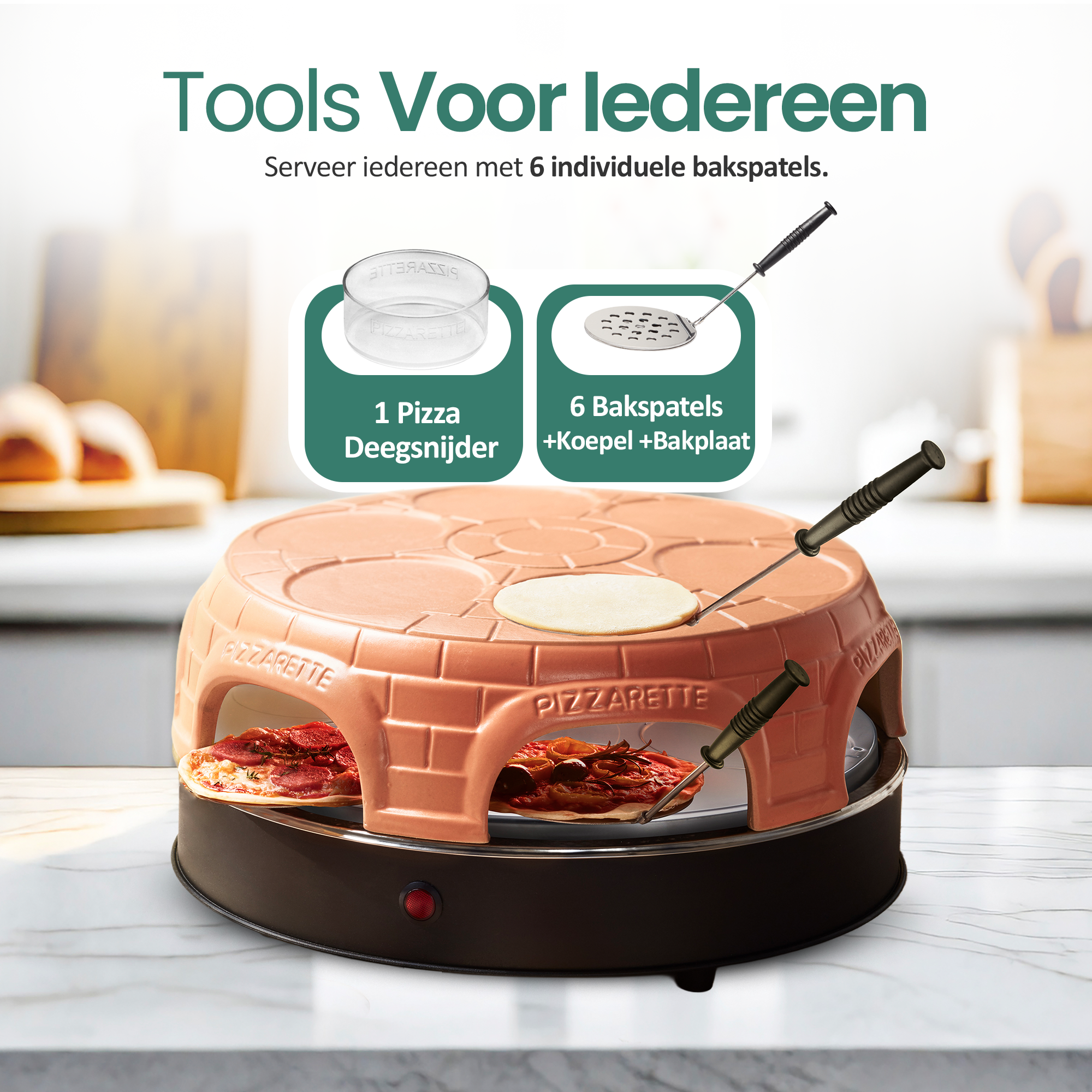 A pizza oven, with pizza inside. Includes pizza cutter, spatulas, and baking sheet. The oven is on a marble surface.