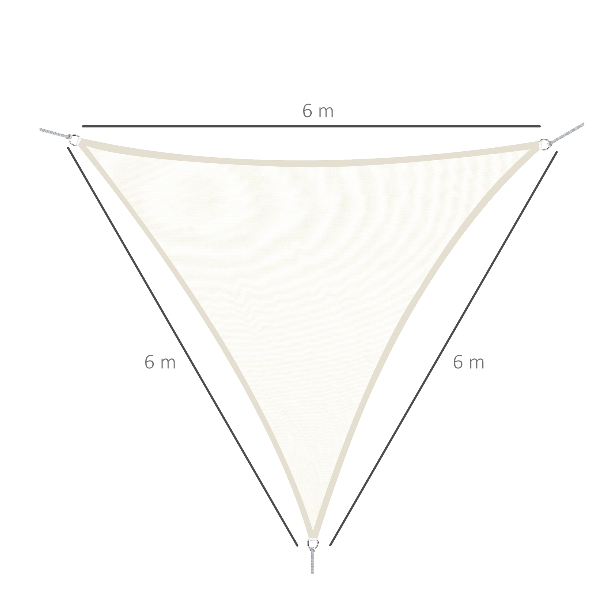Tenda parasole triangolare color crema con bordi neri, anelli metallici e lati di 6 m. Su sfondo bianco.
