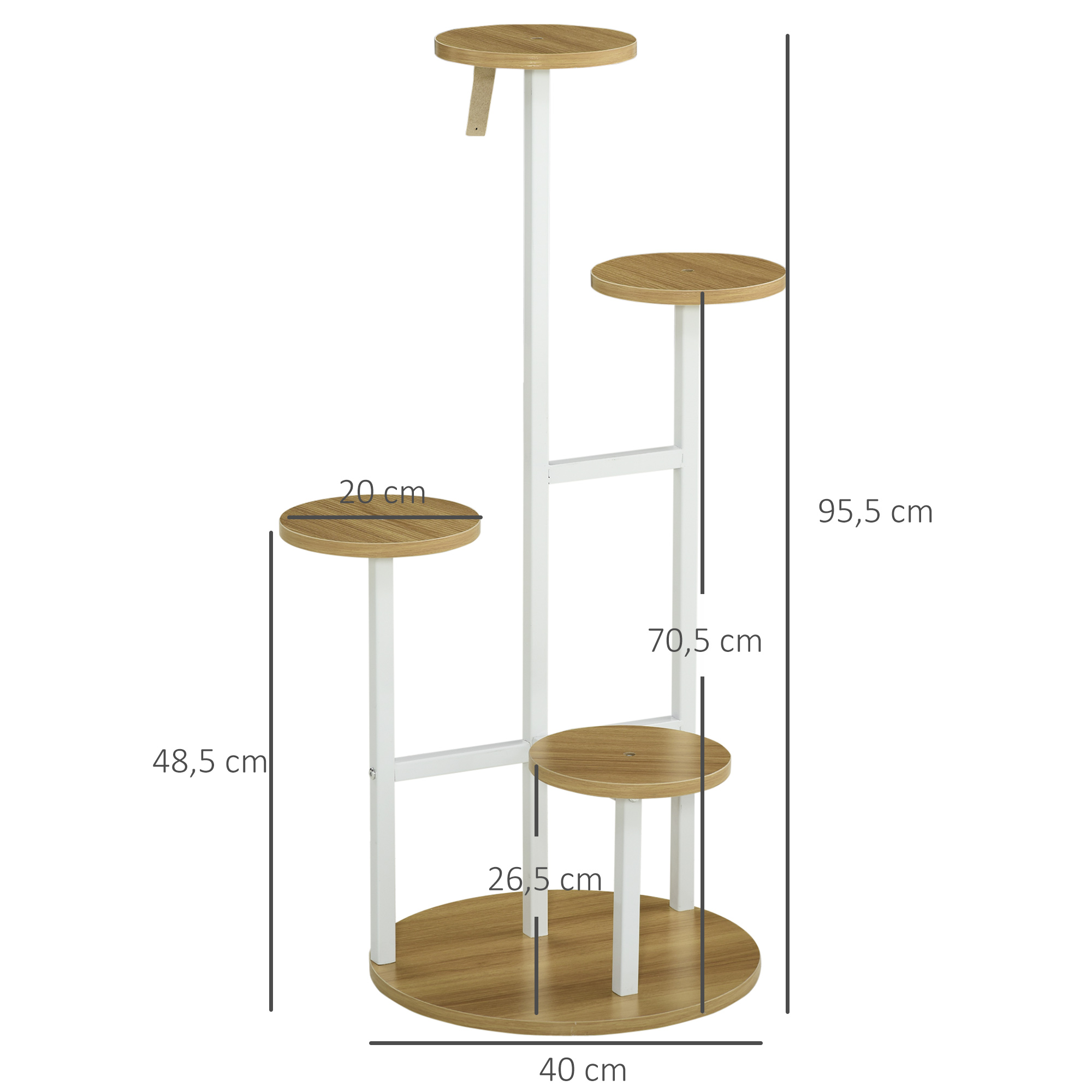 Un soporte para plantas de varios niveles con estantes de madera y soportes blancos, las dimensiones están etiquetadas. Está vacío.