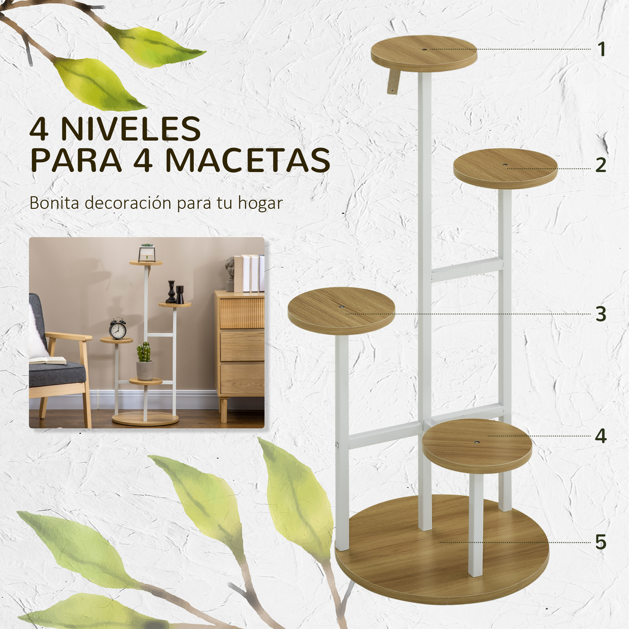 Un soporte para plantas con 4 niveles de madera, marco blanco y base redonda. Texto: '4 niveles para 4 macetas'.