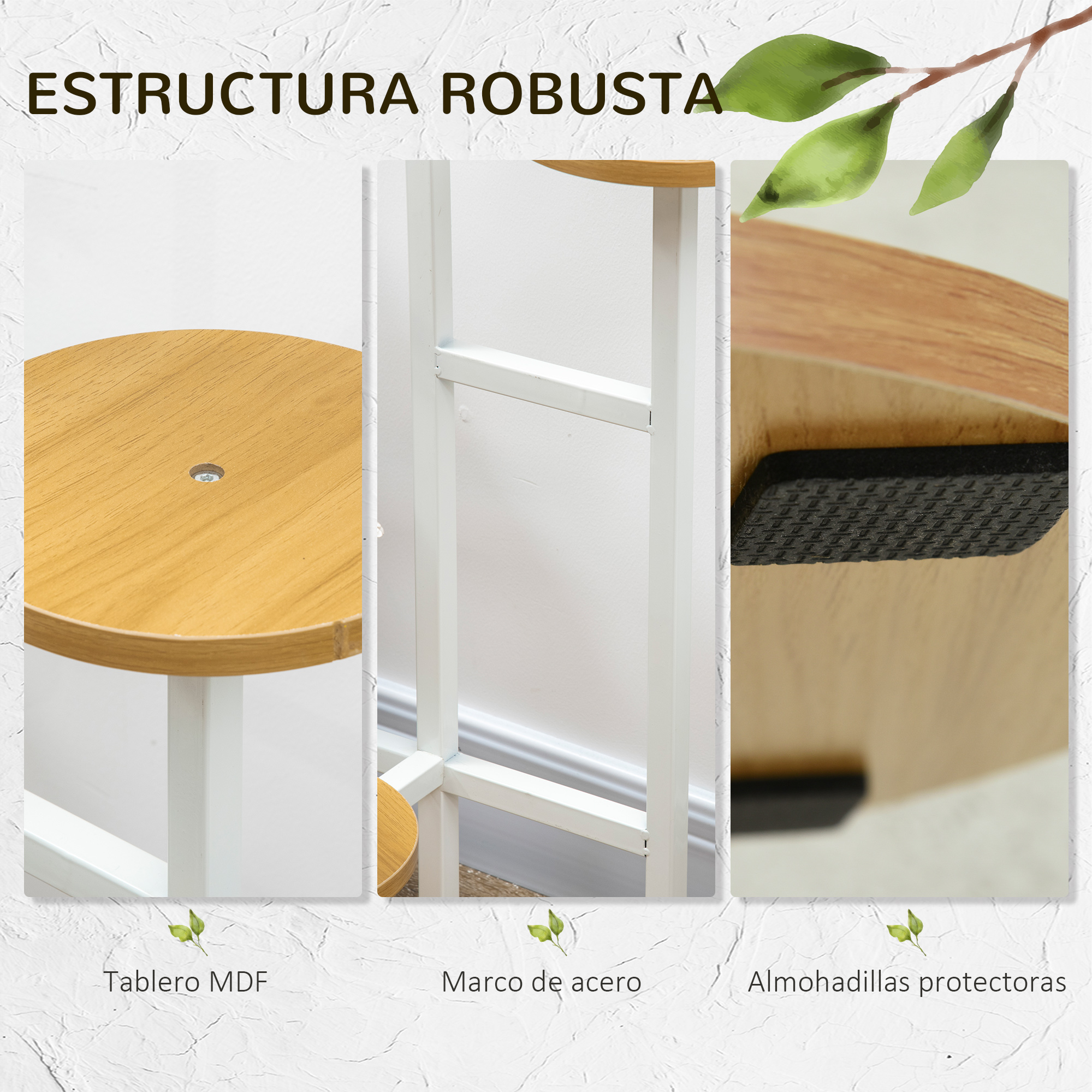 La imagen muestra un taburete de madera. El taburete tiene un asiento circular marrón claro y una estructura de metal blanco. Hay almohadillas negras en la base.