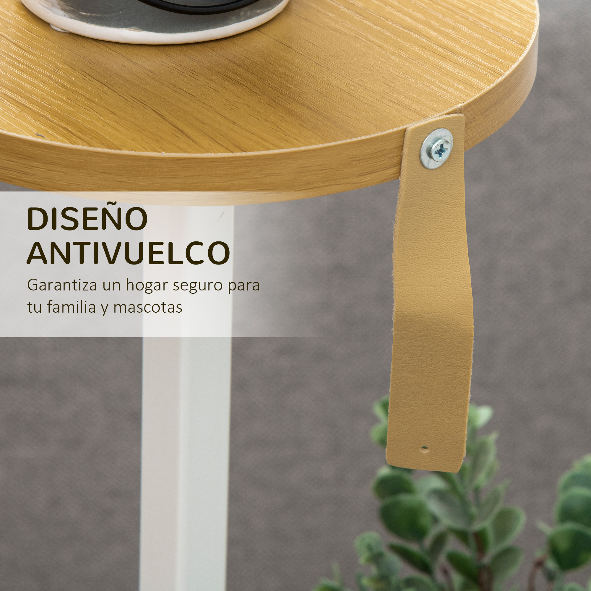 Borde de mesa de madera con correa de cuero asegurada con un tornillo. Planta verde al fondo, pared gris.