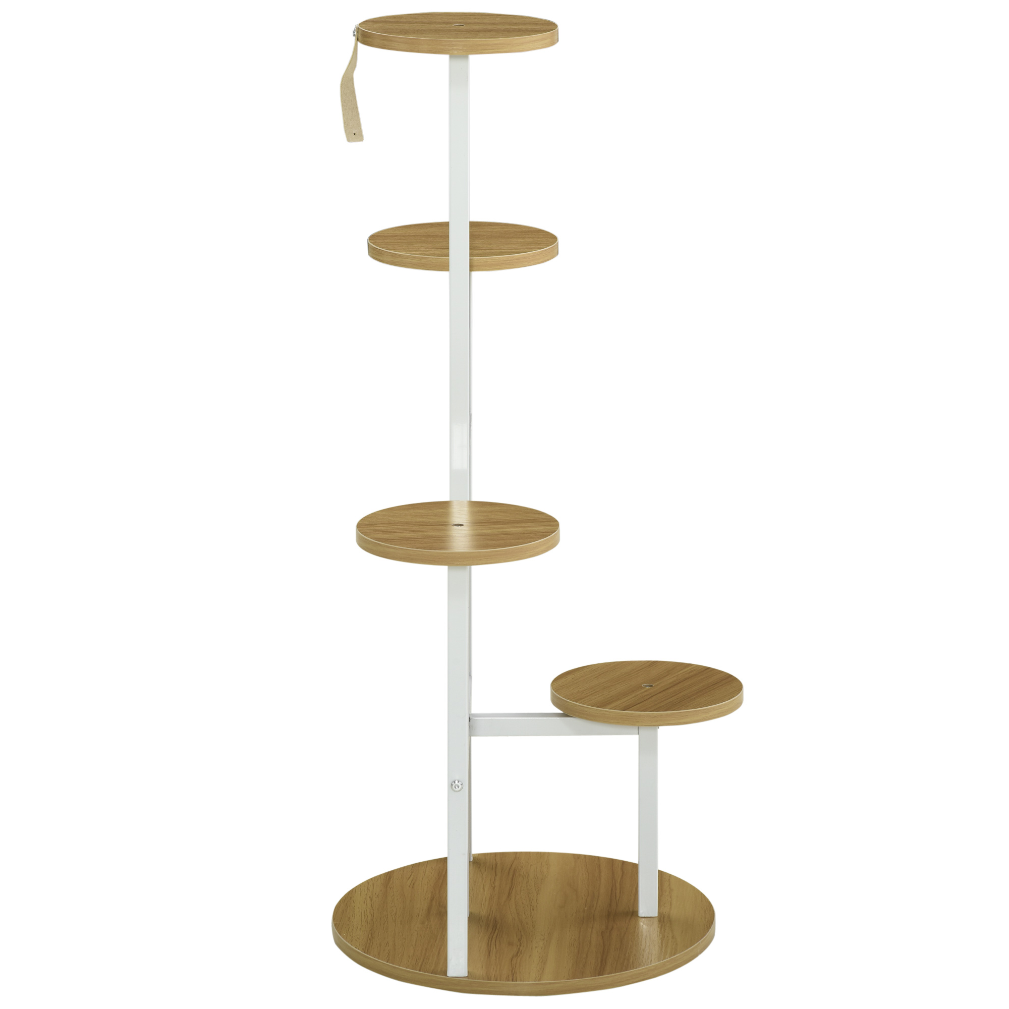 Un soporte para plantas de varios niveles con estantes de madera y un marco de metal blanco. Tiene una base ovalada y una correa de cuero.