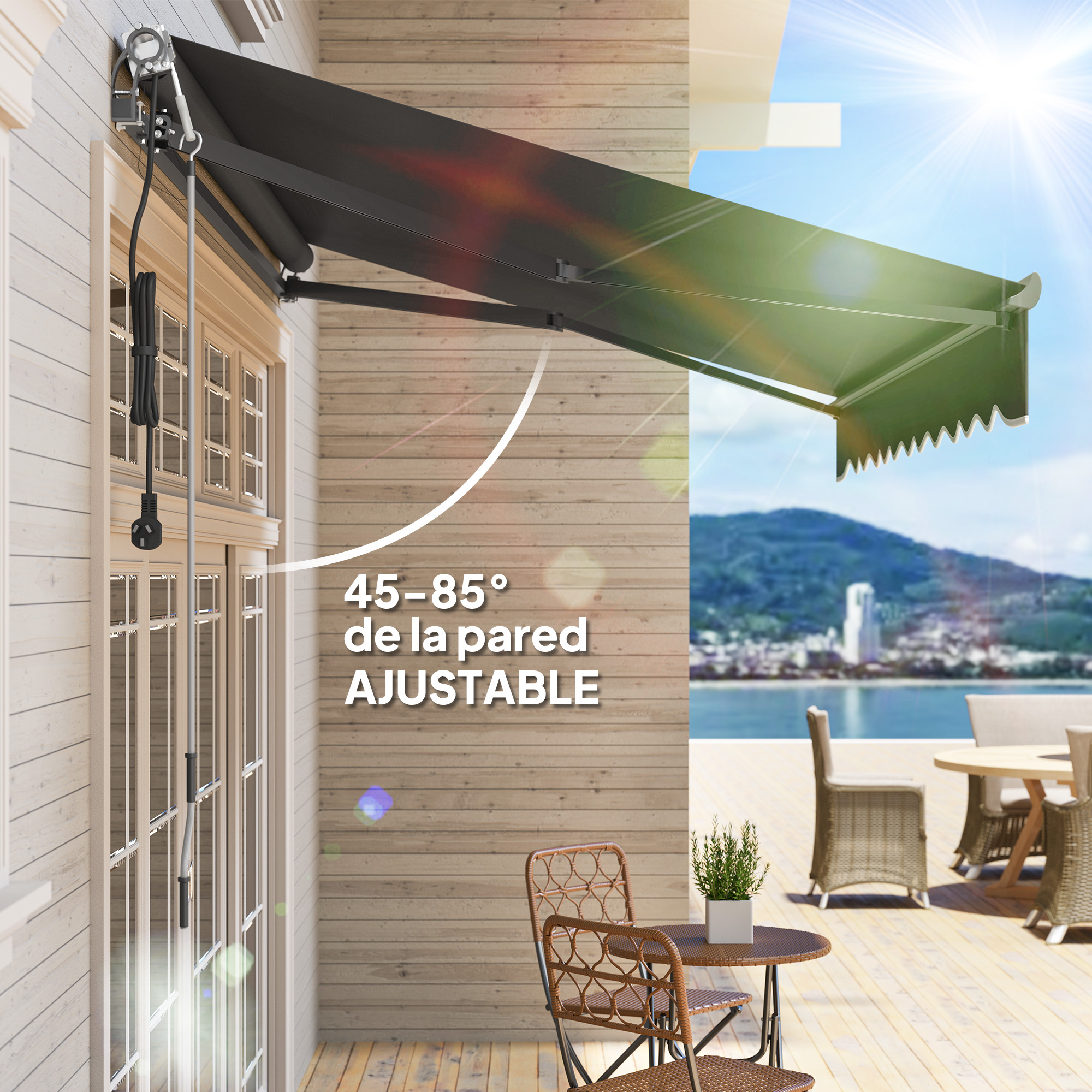 Un toldo se extiende desde una pared de madera. Una mesa y sillas están en una terraza. Un paisaje urbano soleado está en el fondo.