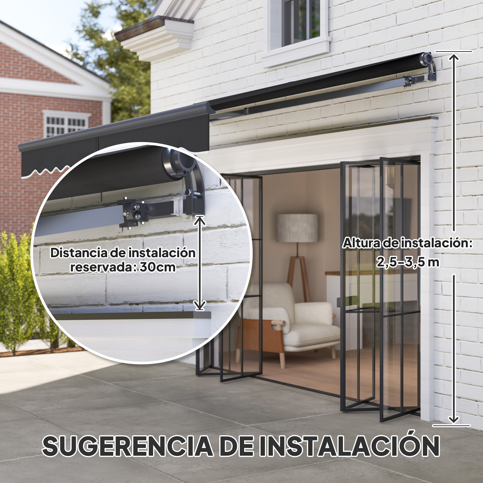 Sugerencia de instalación de toldo. Un toldo negro está montado en una pared de ladrillo blanco. Se muestran detalles sobre la distancia y la altura.