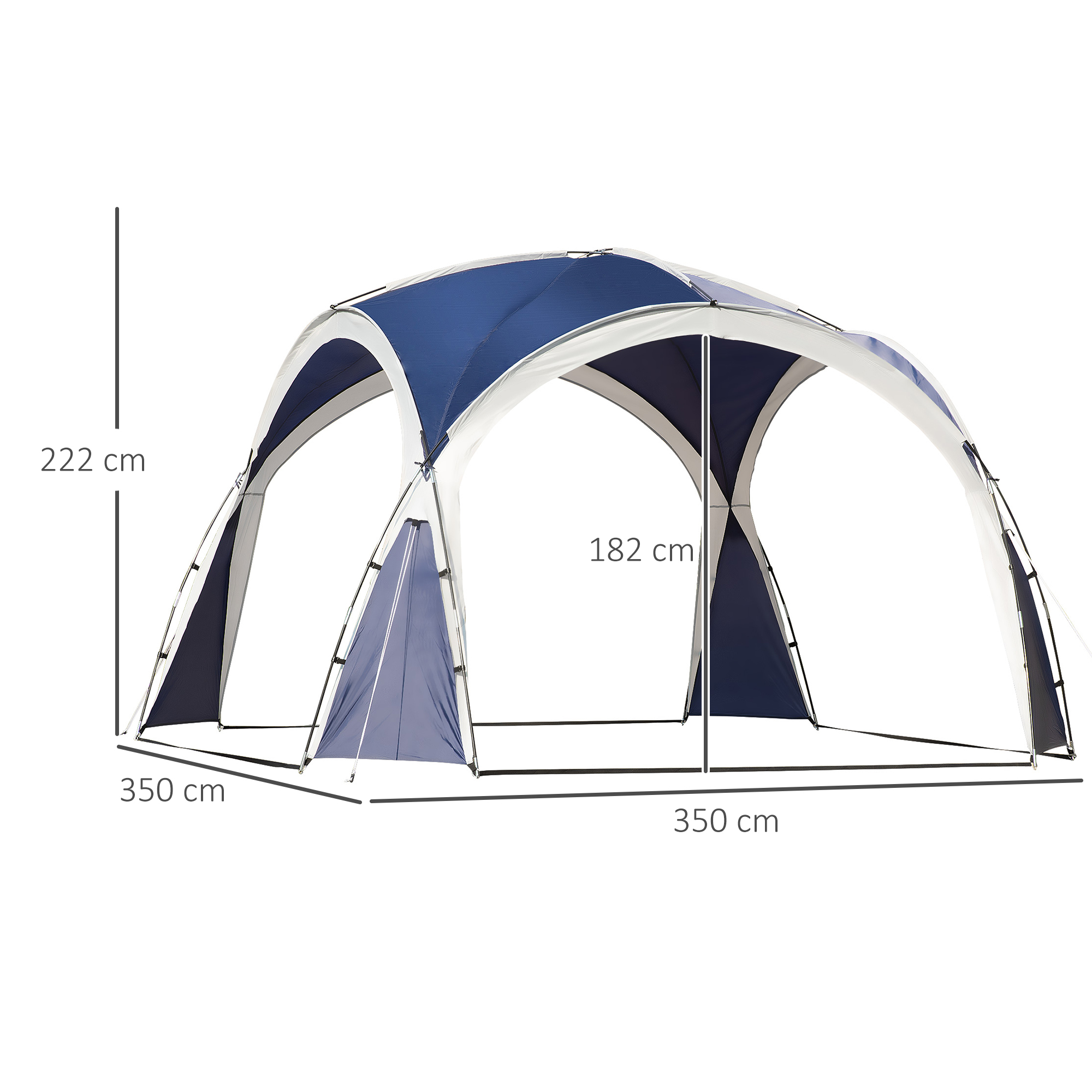 Una carpa azul y blanca. Dimensiones de 350 cm x 350 cm y 222 cm de altura. La altura interna es de 182 cm.