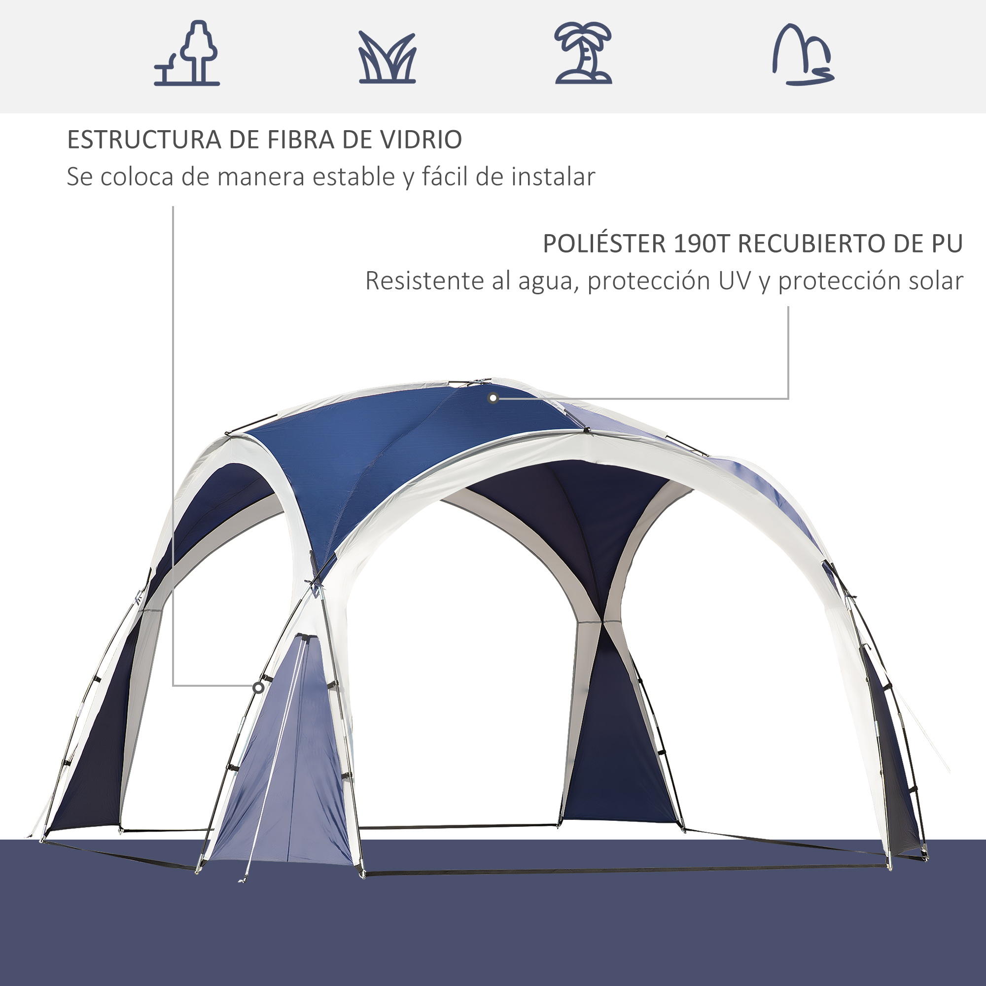 Un toldo azul y blanco con texto en español sobre sus características y construcción.