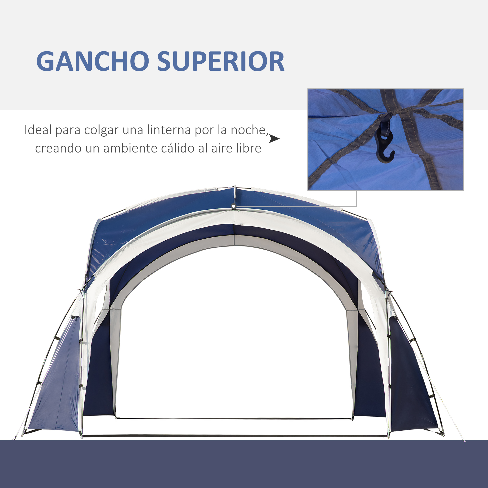 Un marco de tienda azul y blanco con un gancho en la parte superior. El texto dice: "GANCHO SUPERIOR" y descripción.