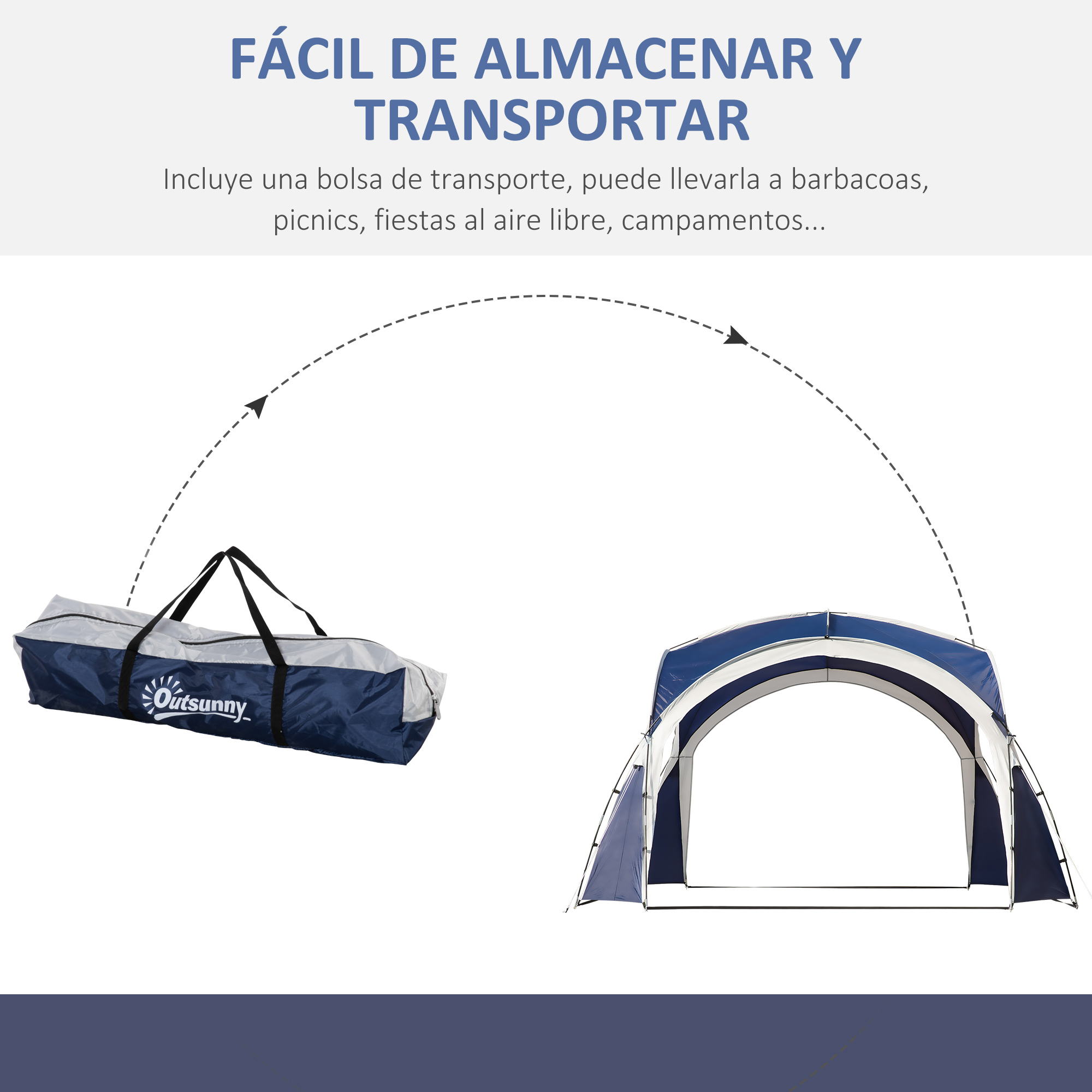 La imagen muestra una carpa y su bolsa de transporte. El texto dice que es fácil de guardar y transportar.