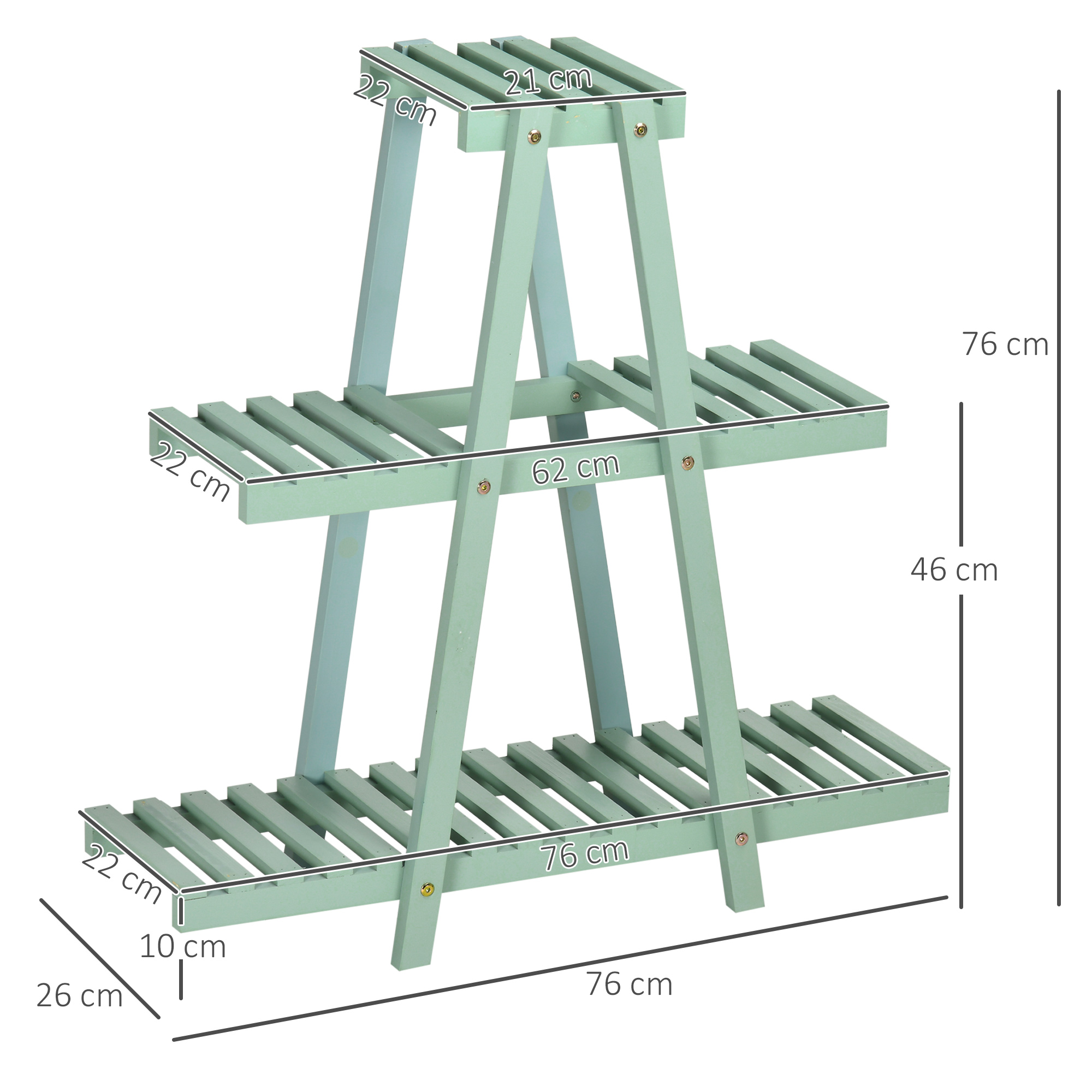 Un soporte para plantas de madera verde claro de tres niveles con medidas en cm.