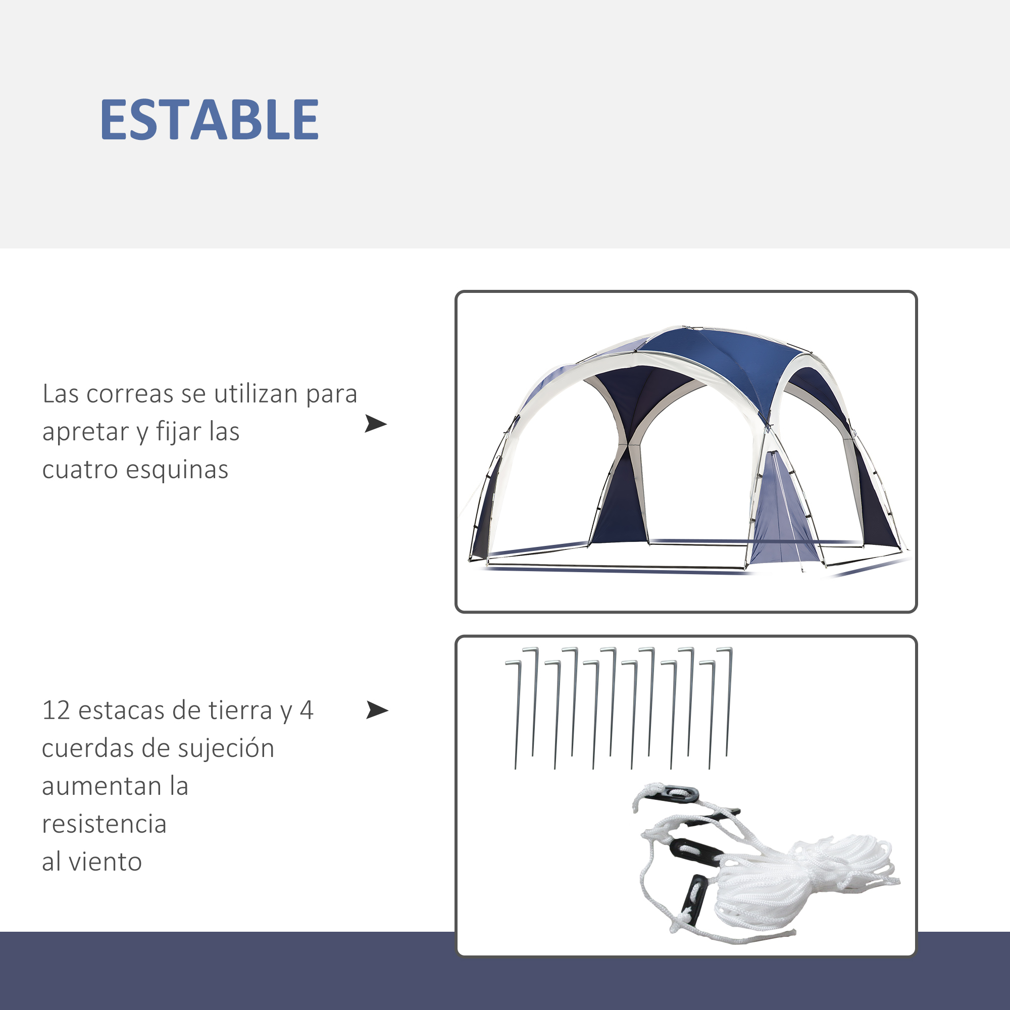 Se muestra una carpa azul y blanca, estacas y cuerdas. El texto indica el propósito de las correas, estacas y cuerdas.