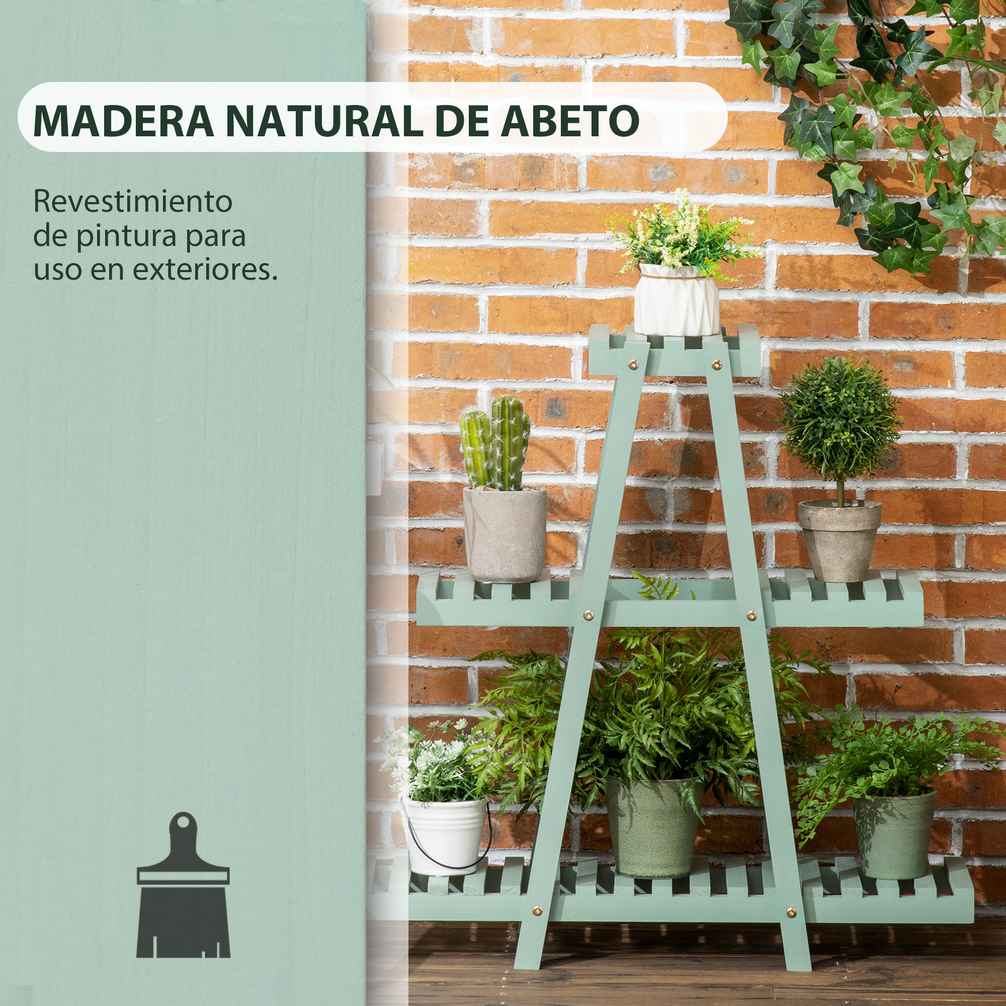 Un estante de madera verde con plantas en los estantes. Fondo de pared de ladrillo y pared verde a la izquierda.