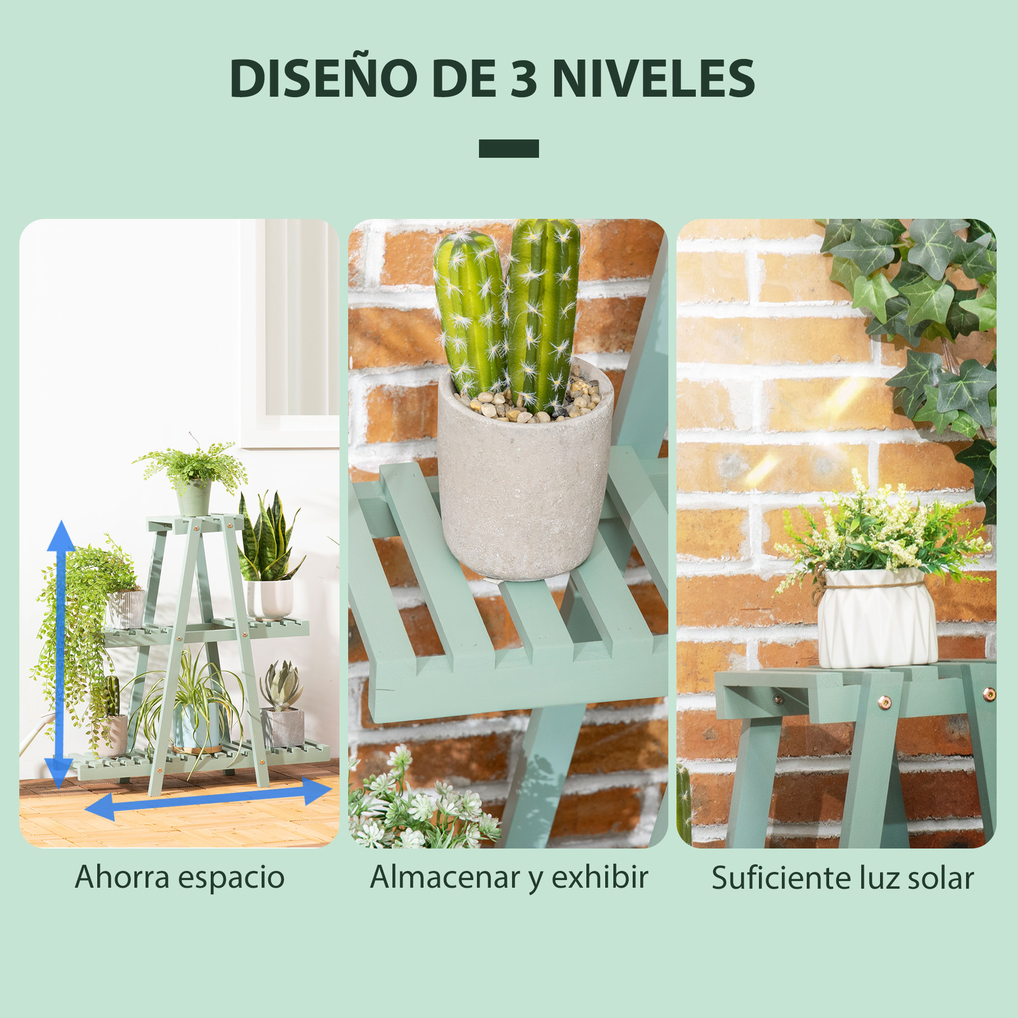 Soporte para plantas de tres niveles con plantas. Texto: Diseño de 3 niveles, ahorro de espacio, almacenamiento y exhibición, luz solar suficiente.