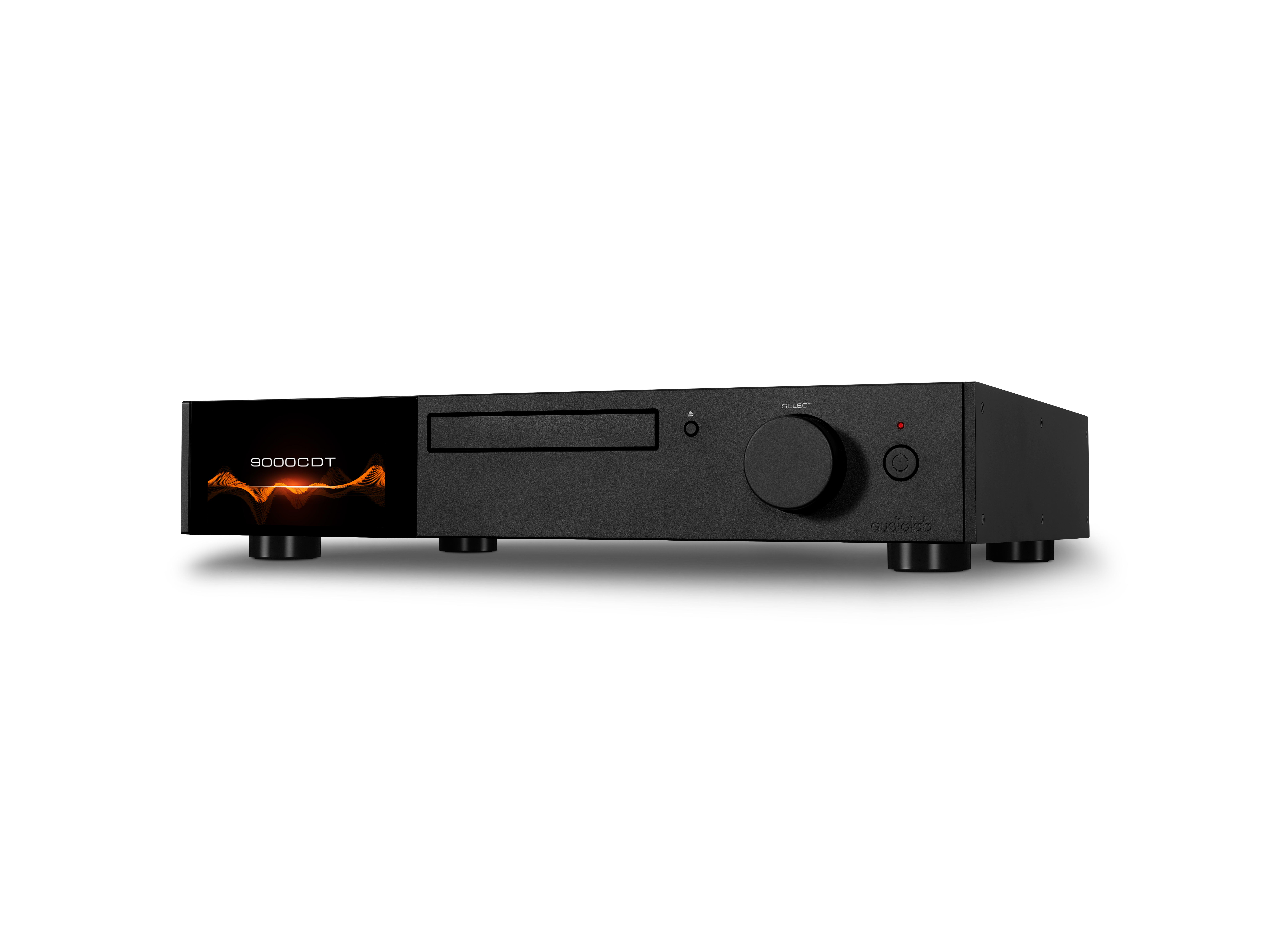 Zwarte audio CD-speler. Het heeft een display, een cd-lade, een knop en een aan/uit-knop. Het merk is audiolab.
