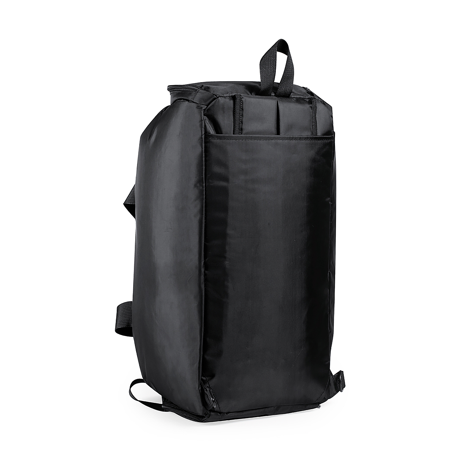 Una mochila negra sobre fondo blanco. Tiene correas, un asa y un compartimento con cremallera. El material parece brillante.