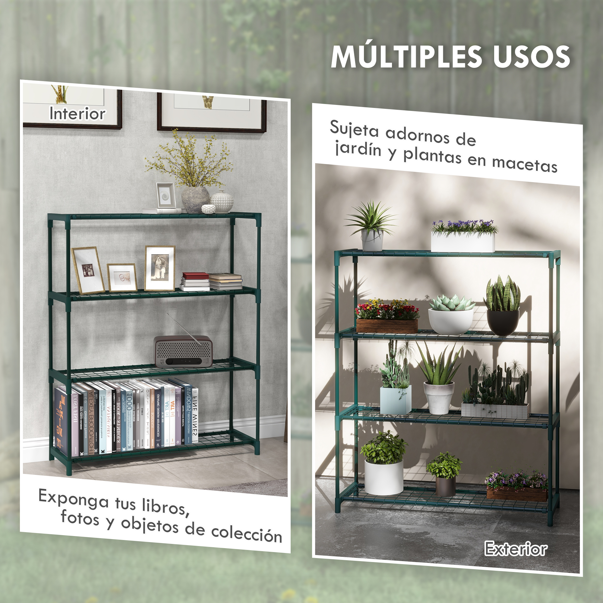 Estanterías metálicas verdes con plantas y libros. Escenas interiores y exteriores muestran uso.