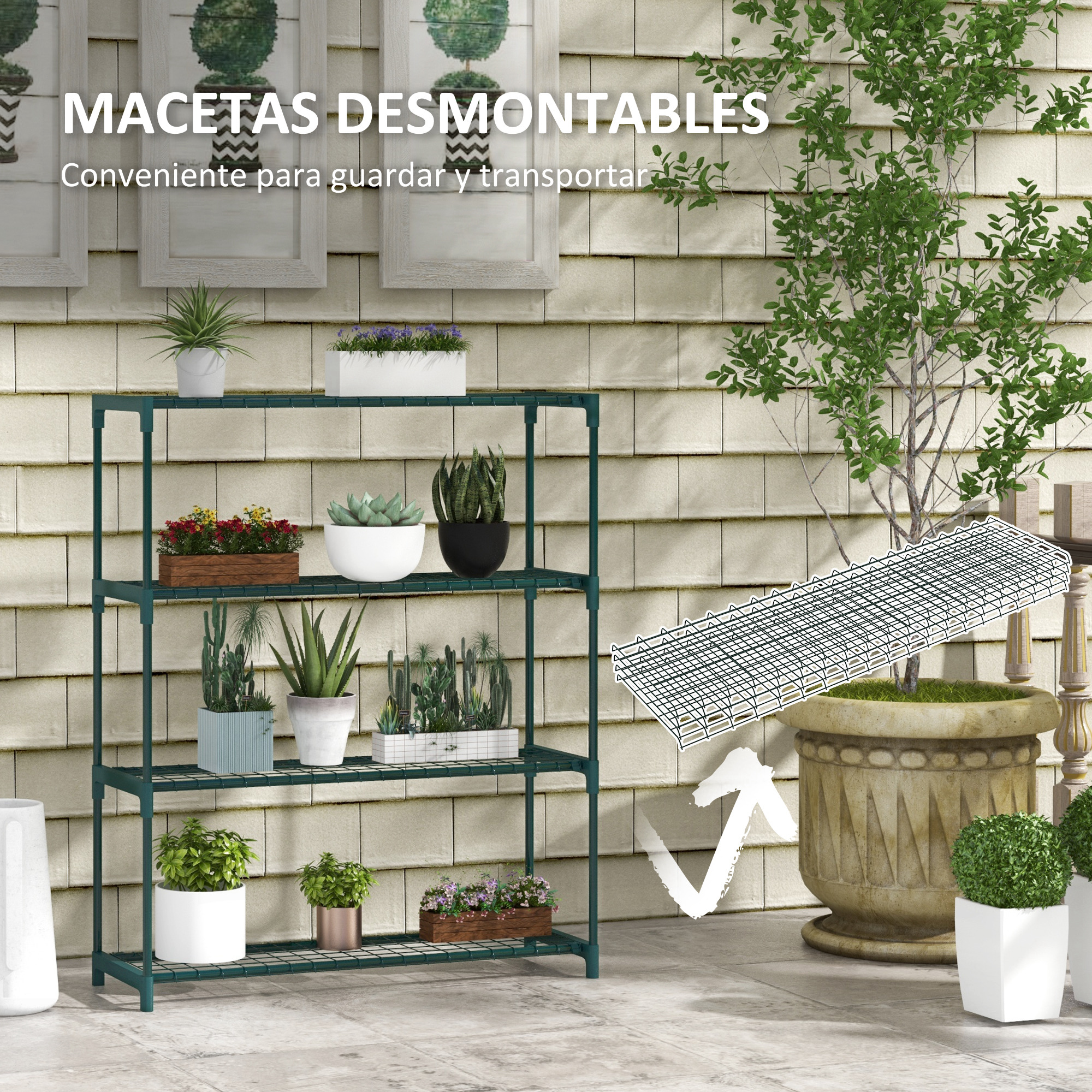 Un estante de metal verde para plantas con varias plantas en macetas. El fondo muestra una pared y un árbol grande en maceta.