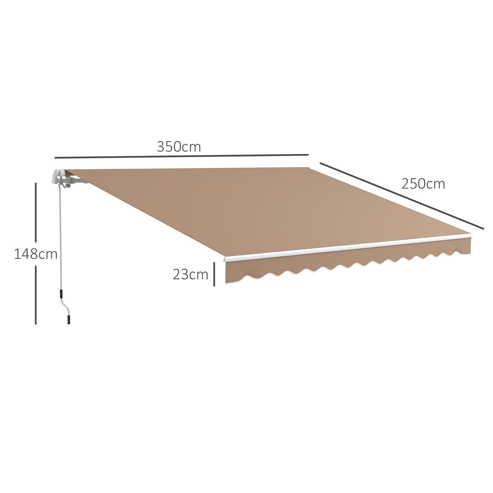 Una tenda da sole beige con misure: 350 cm di larghezza, 250 cm di profondità, 23 cm di balza, braccio di supporto 148 cm.