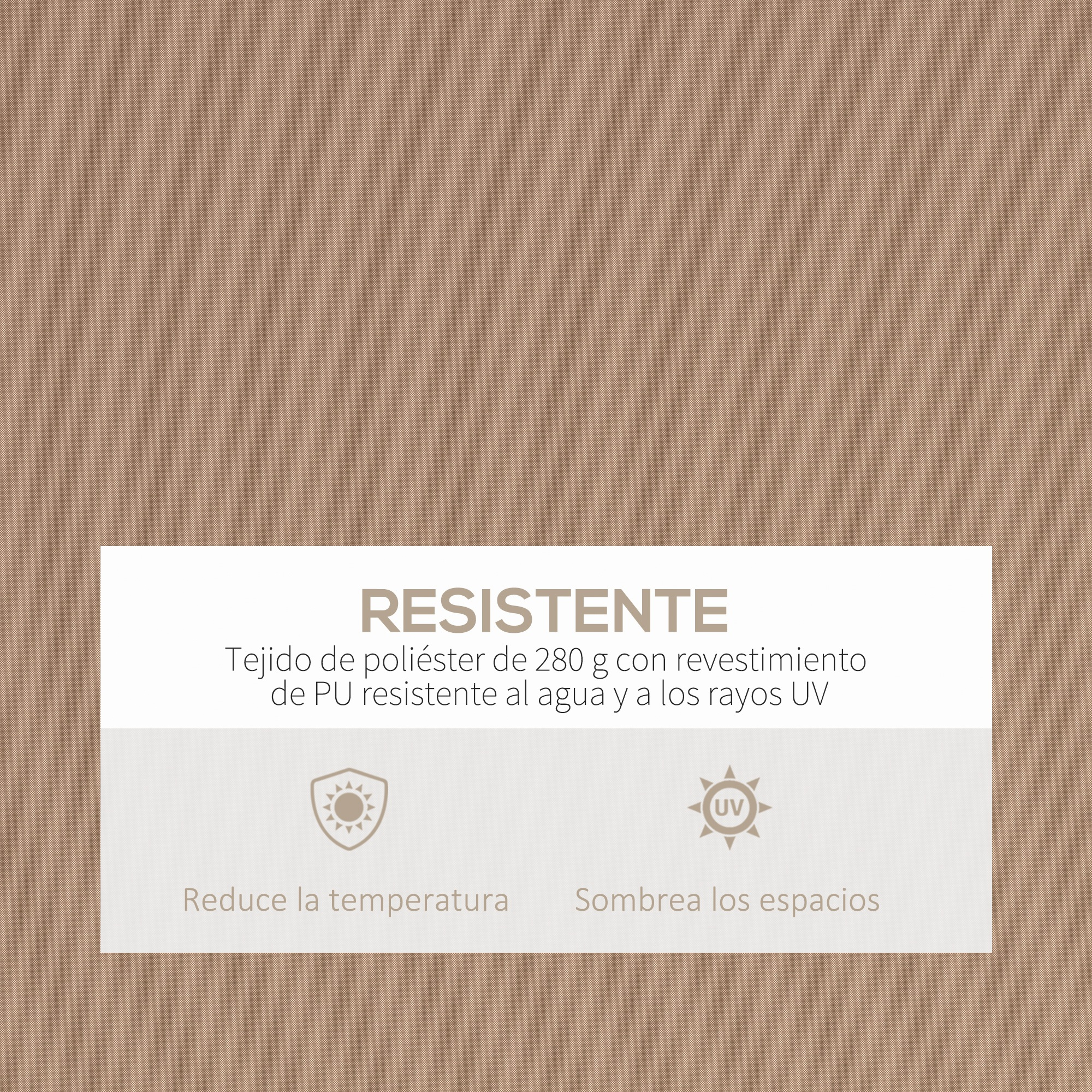 La imagen muestra un fondo marrón texturizado con un rectángulo blanco que contiene texto e iconos, que anuncia las propiedades de la tela.